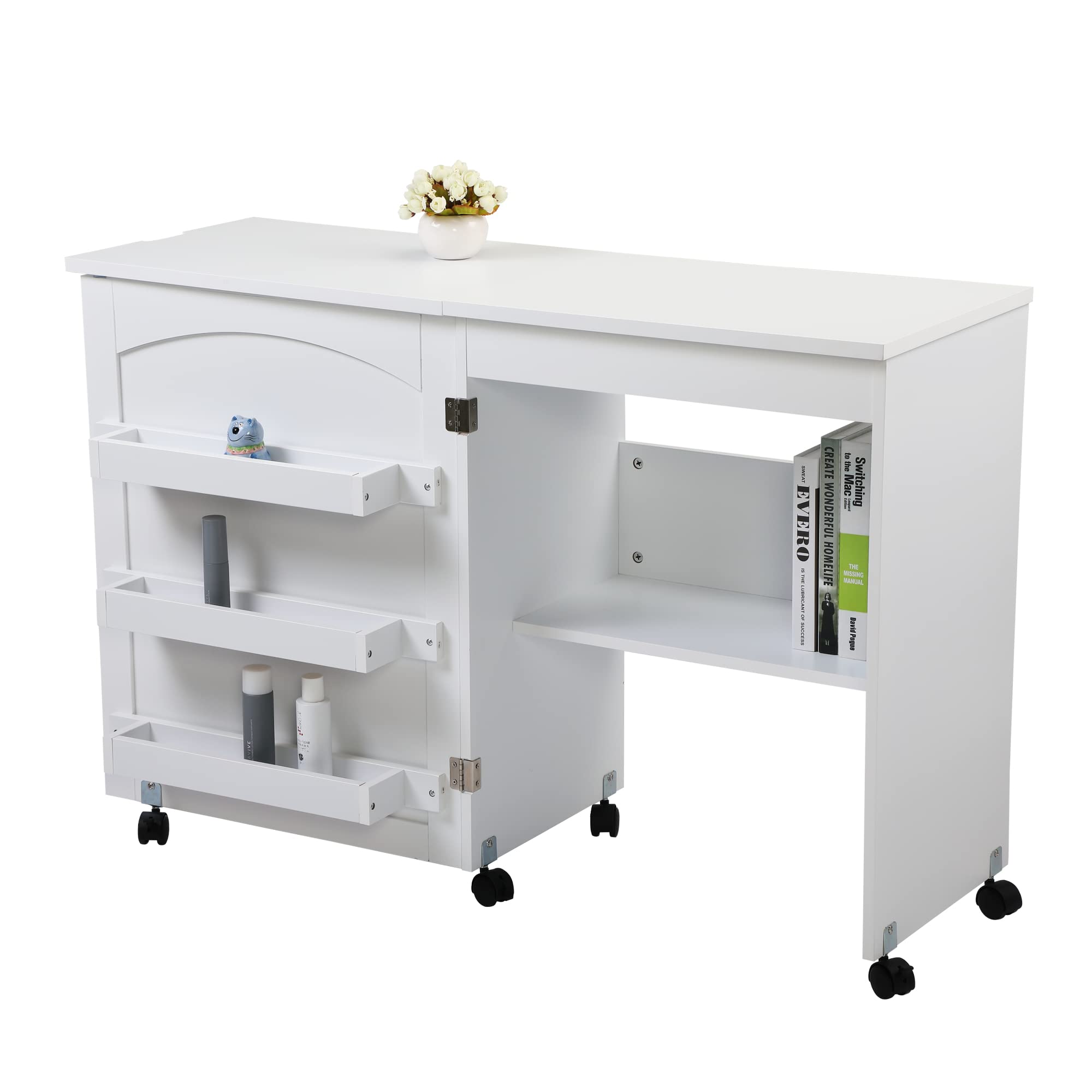 Compact Folding Sewing Craft Table with Storage Shelf & 3 Trays - White Sewing Machine Cabinet for Quilting, DIY Projects & Home Crafting Workspace