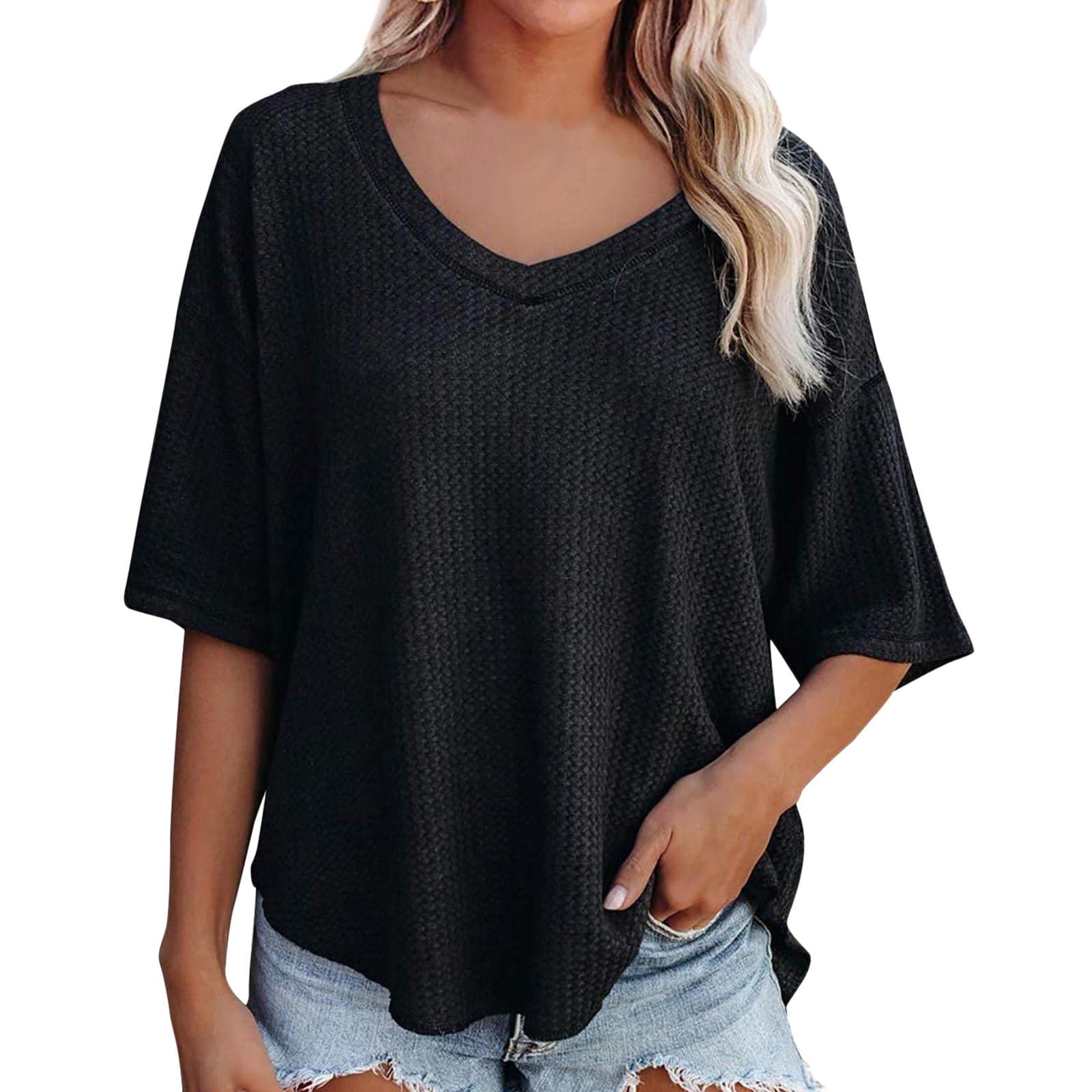 Women's V Neck Batwing Half Sleeve Waffle Knit Loose Blouse - Solid Color Oversized Casual T-Shirt Top for Everyday Wear, Work & Weekend Outfits