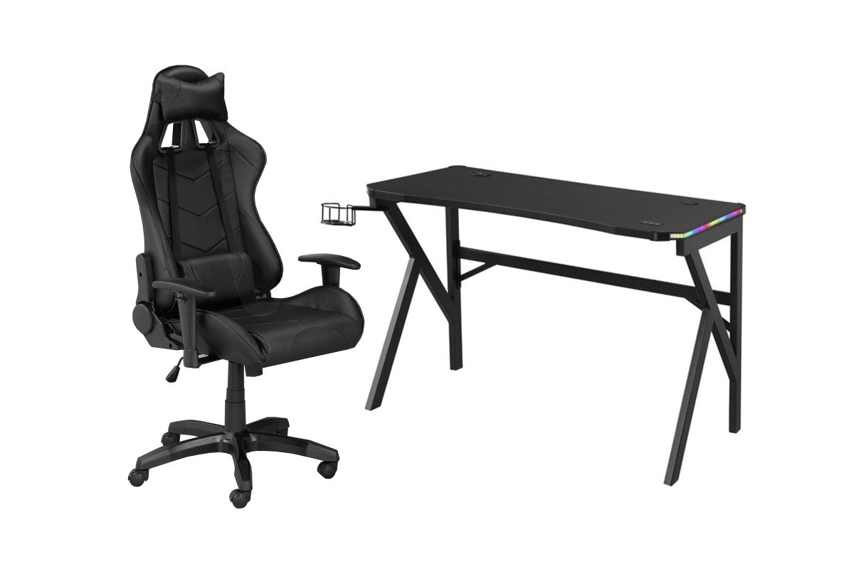 Premium Black Gaming Desk & Chair Set - Ergonomic Computer Desk with Cup Holder & Headphone Hook - Perfect for PC, PS5, Xbox Gaming Setup & Home Office Workspace