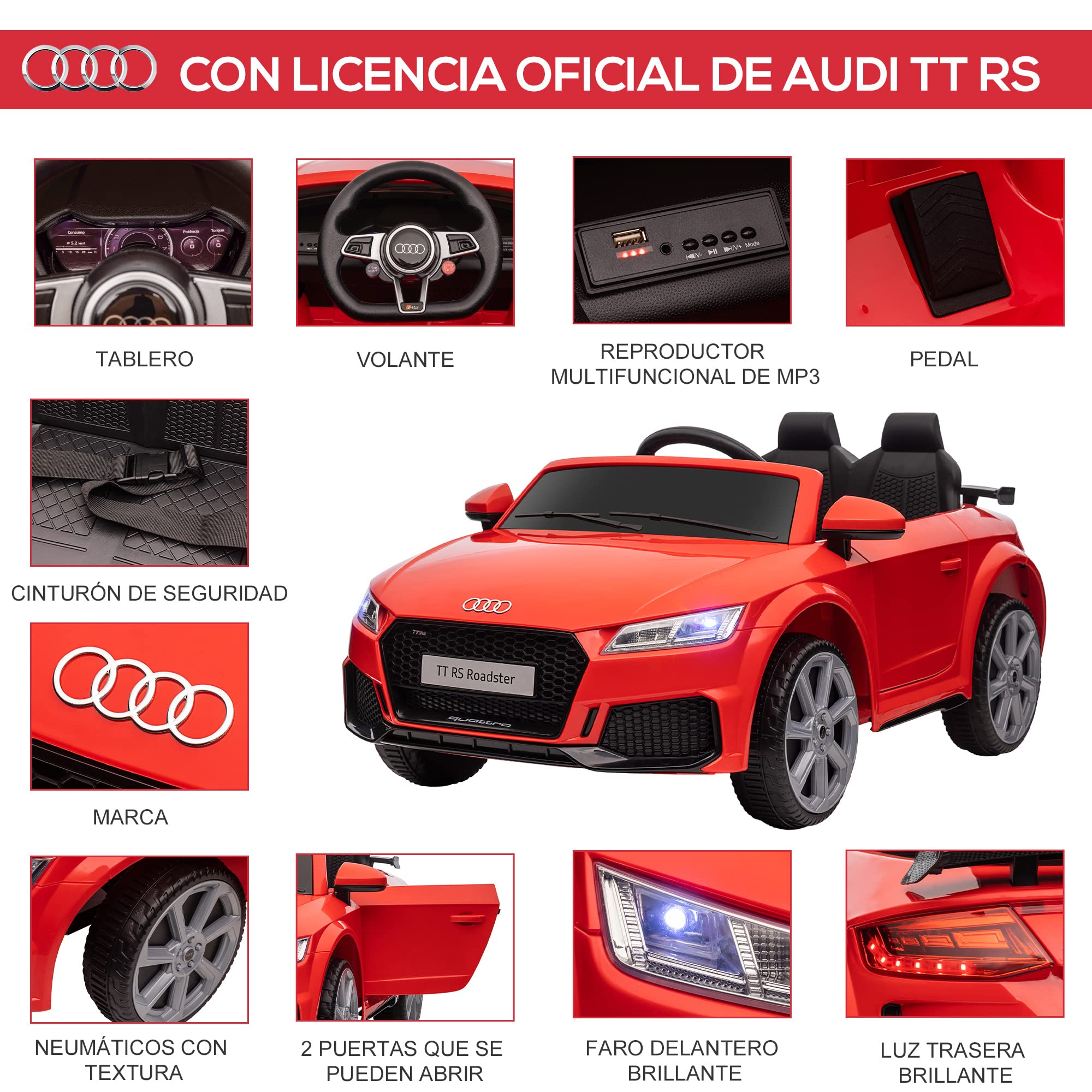 HOMCOM Kids Electric Ride-On Car for 3+ Years Old - 12V Audi TT Style with Remote Control, 3 km/h Speed, Music, Lights & Dual Opening Doors (102x60x44cm, Red) - Perfect for Indoor & Outdoor Play, Birthday Gifts, and Toddler Pretend Driving Fun