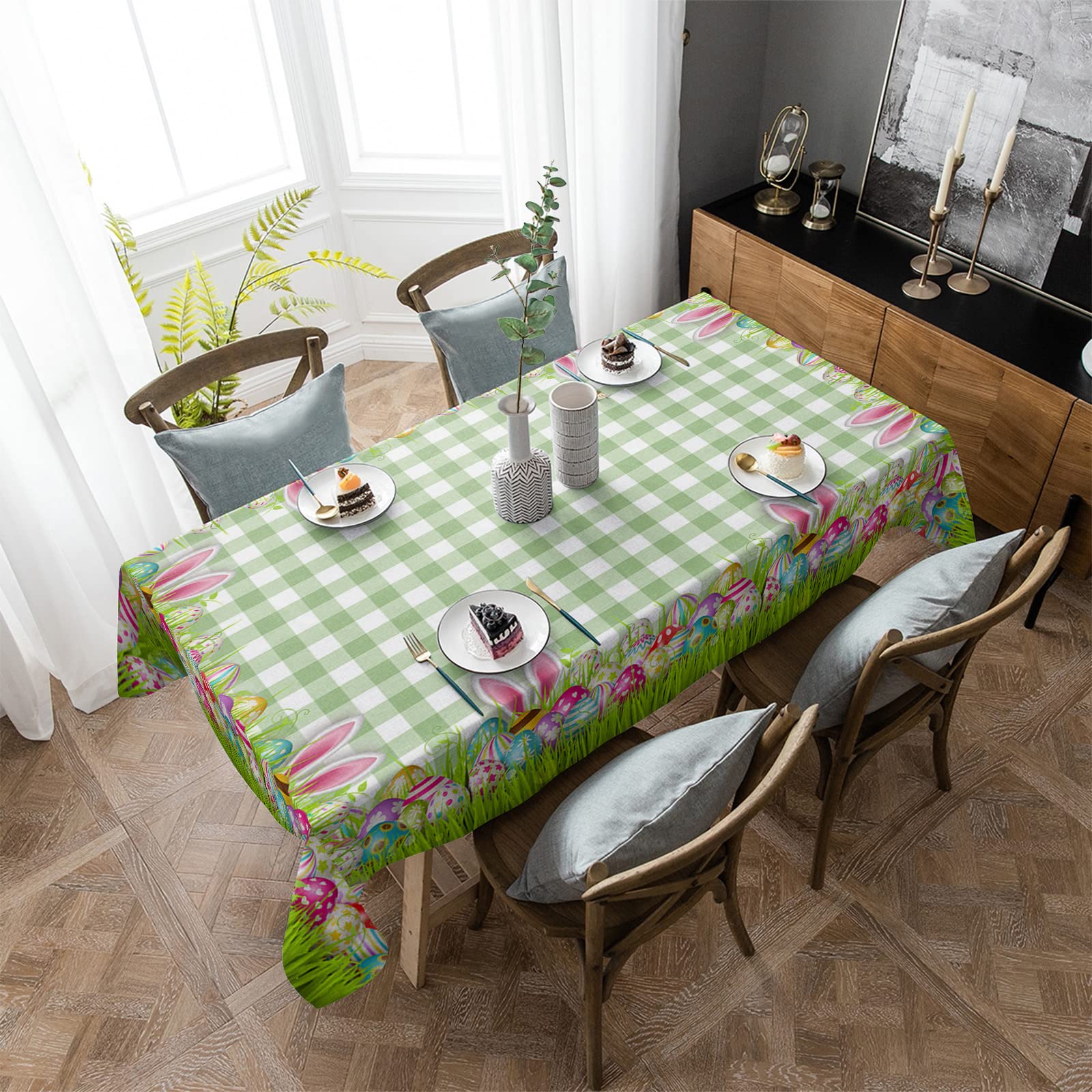 Waterproof Easter Tablecloth - Green Plaid with Easter Egg & Bunny Design - 60x102 Inch Rectangle Dining Table Cover for Spring Parties, Outdoor Decor & Holiday Celebrations