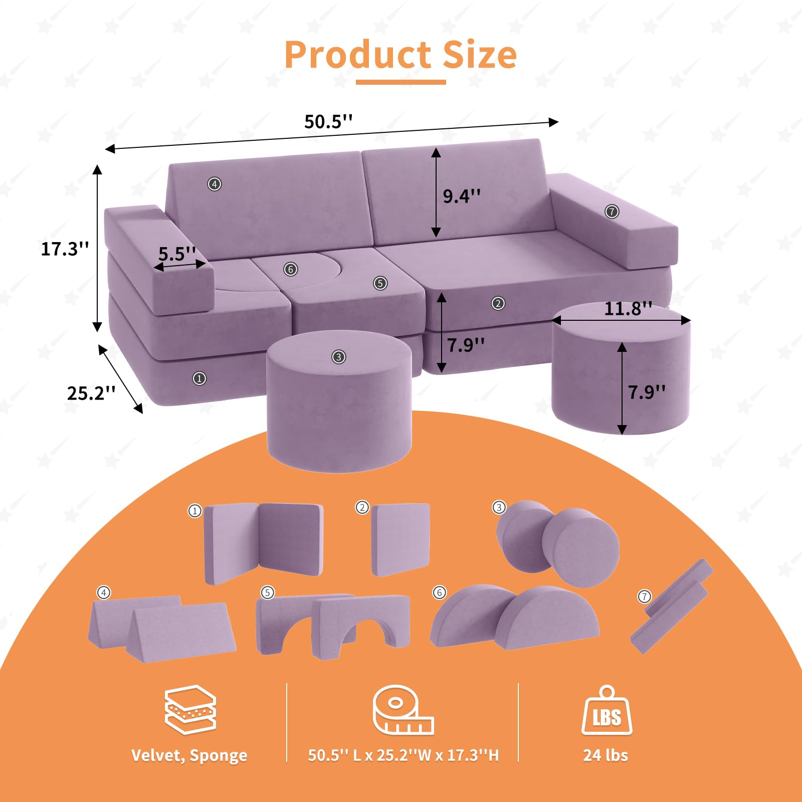 13-Piece Modular Kids Play Couch with 2 Ottomans - Foldable Playroom & Bedroom Sofa for Boys & Girls - Blueberry (Large) - Perfect for Indoor Play, Reading Nook & Sleepovers
