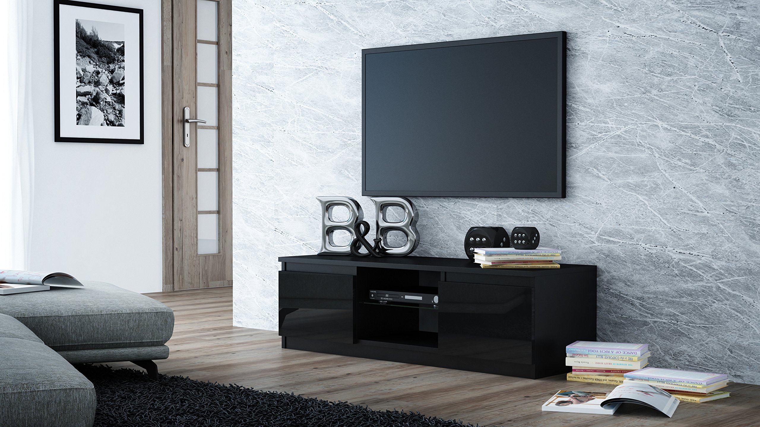 CLEA TV Stand for Flat Screen TV - Modern Entertainment Center with Storage Shelves, Black - Perfect for Living Room, Bedroom, or Home Theater Setup
