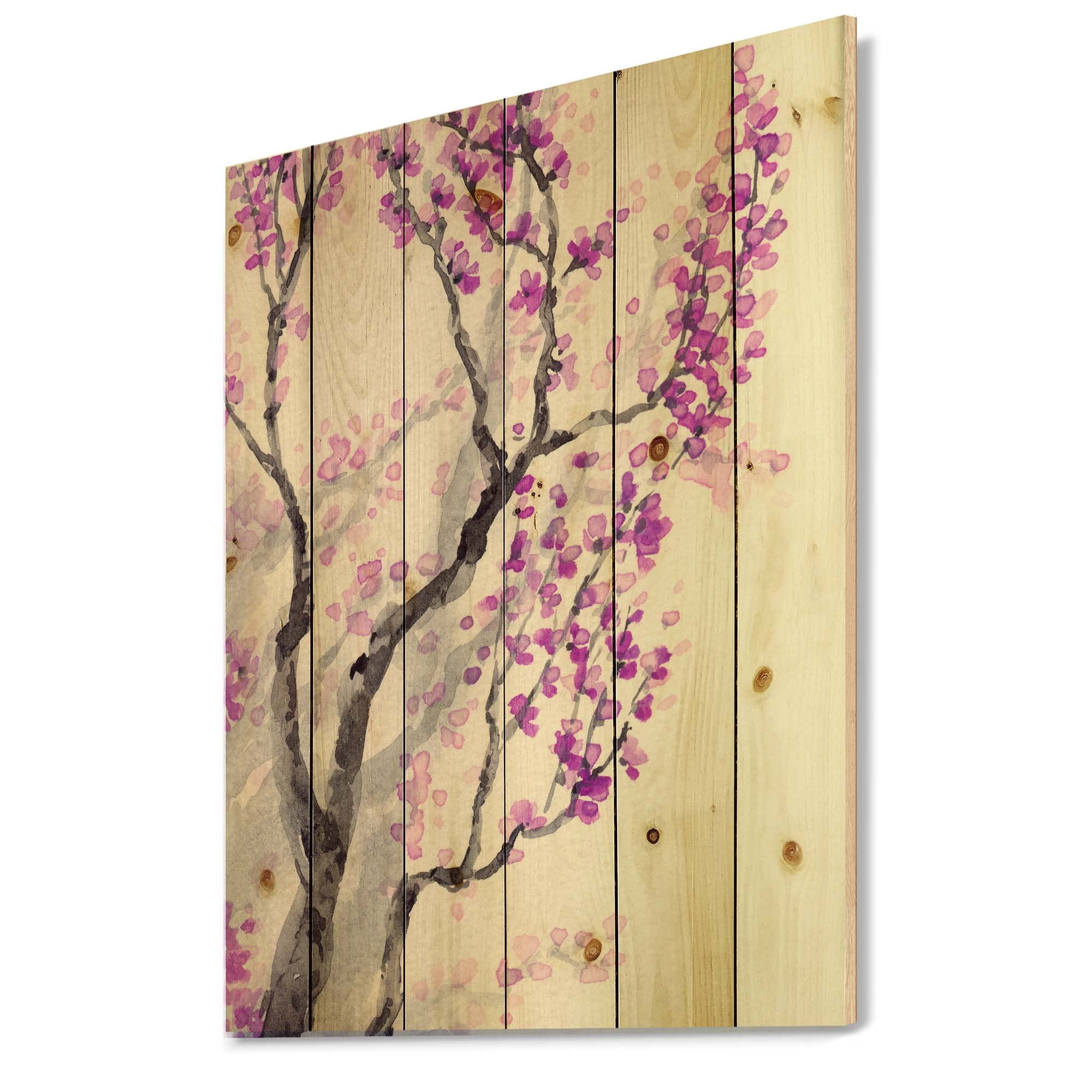 Spring Purple Flowers on Tree Branches - Traditional Wood Wall Decor, Large Floral Wood Wall Art Panel Printed on Natural Pine - Perfect for Living Room, Bedroom & Office Decoration