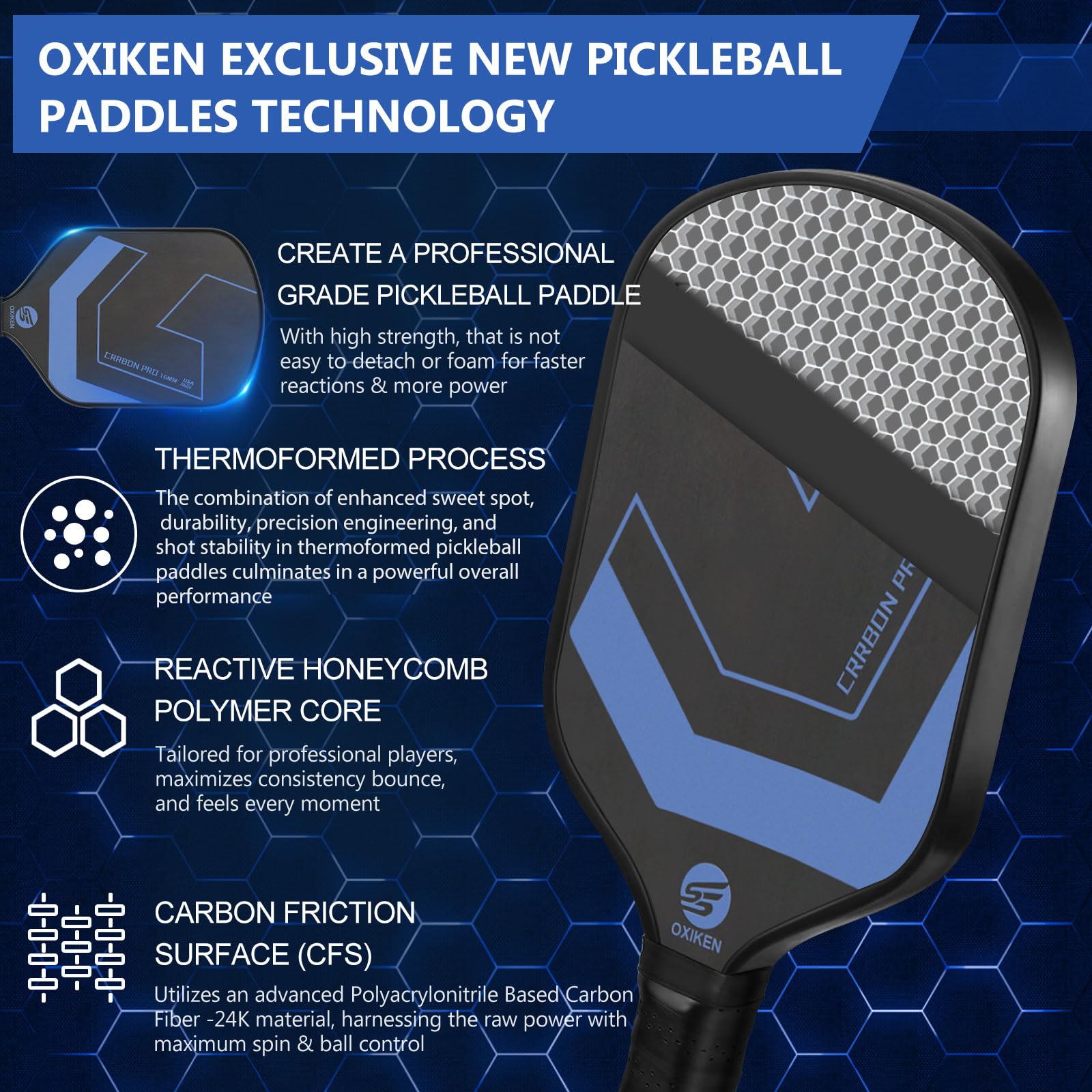 OXIKEN 10/13/16 mm USAPA Approved Pickleball Paddles - T700 Carbon Fiber Surface, Honeycomb Core, High Grit for Maximum Spin, 5.5