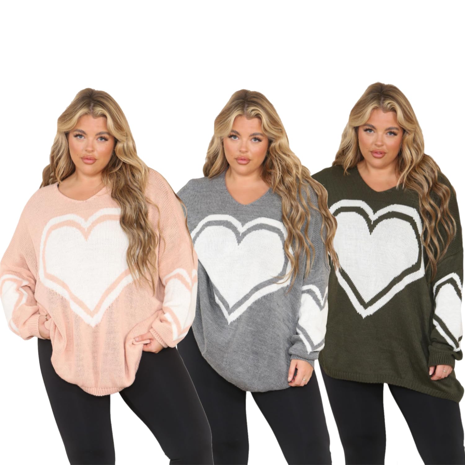 WICKEDFASHIONS123 Women's Oversized Knit Sweater - Big Heart Print Tunic Pullover, Plus Size Winter Warm Long Sleeve Top (Cream, UK 24-26) | Cozy Casual Wear for Lounge, Office & Date Nights