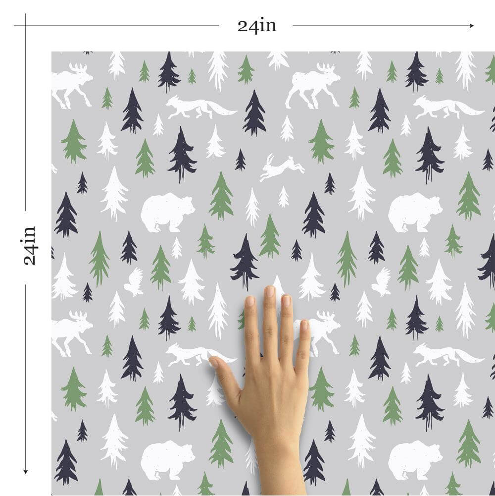 Green and Grey Forest Baby Peel and Stick Removable Wallpaper 3402 - Self-Adhesive Nursery Wall Decor for Boys and Girls - Perfect for Kids' Rooms, Playrooms, and Nursery Walls