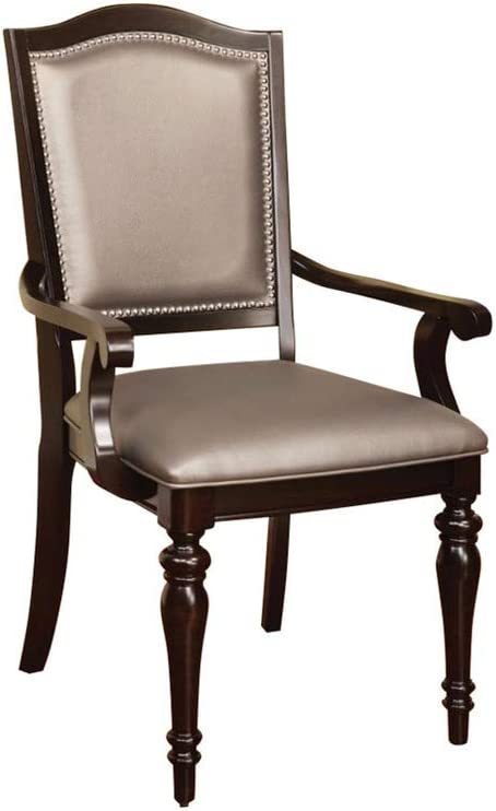 Set of 2 Dark Walnut Solid Wood Arm Chairs with Leatherette Upholstered Seats & Turned Legs - Classic Contemporary Dining Room Furniture for Kitchen, Living Room & Office