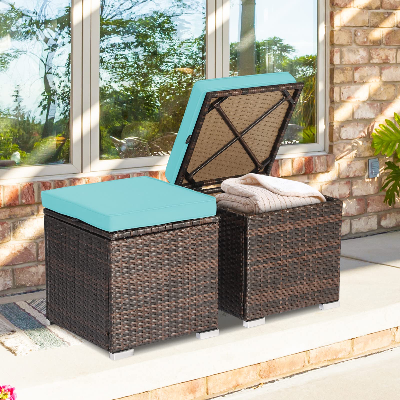 Tangkula 2-Piece PE Rattan Patio Ottoman Set with Removable Cushion & Hidden Storage - Multifunctional Side Table/Seat for Outdoor Living, Backyard, Poolside & Garden (Turquoise) - Perfect for Relaxation, Entertaining & Stylish Storage Solutions