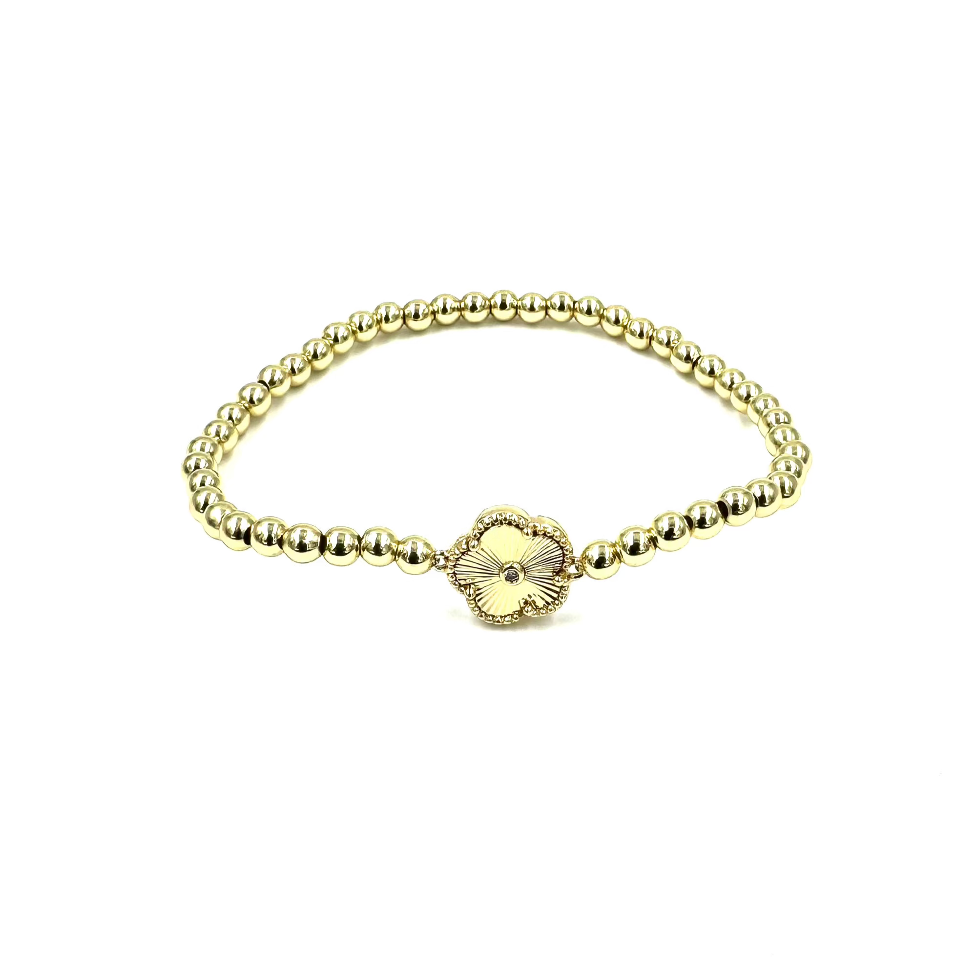 Ashley Gold Stainless Steel Stretch Beaded Clover Bracelet for Women - Lucky Four Leaf Clover Charm Jewelry - Perfect for St. Patrick's Day, Gifts & Everyday Wear