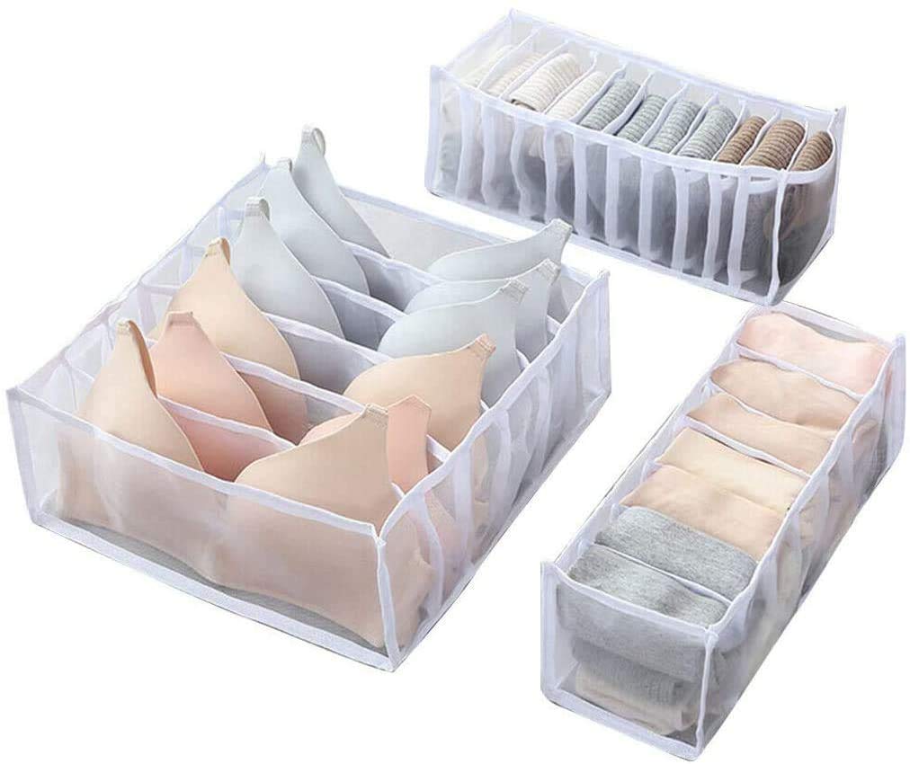 BEDAZE 3 Pack Underwear Organizer Drawer Divider - Foldable Closet Storage Box for Socks, Bras & Underwear | Space Saving Home Organization Solution for Bedroom & Dresser