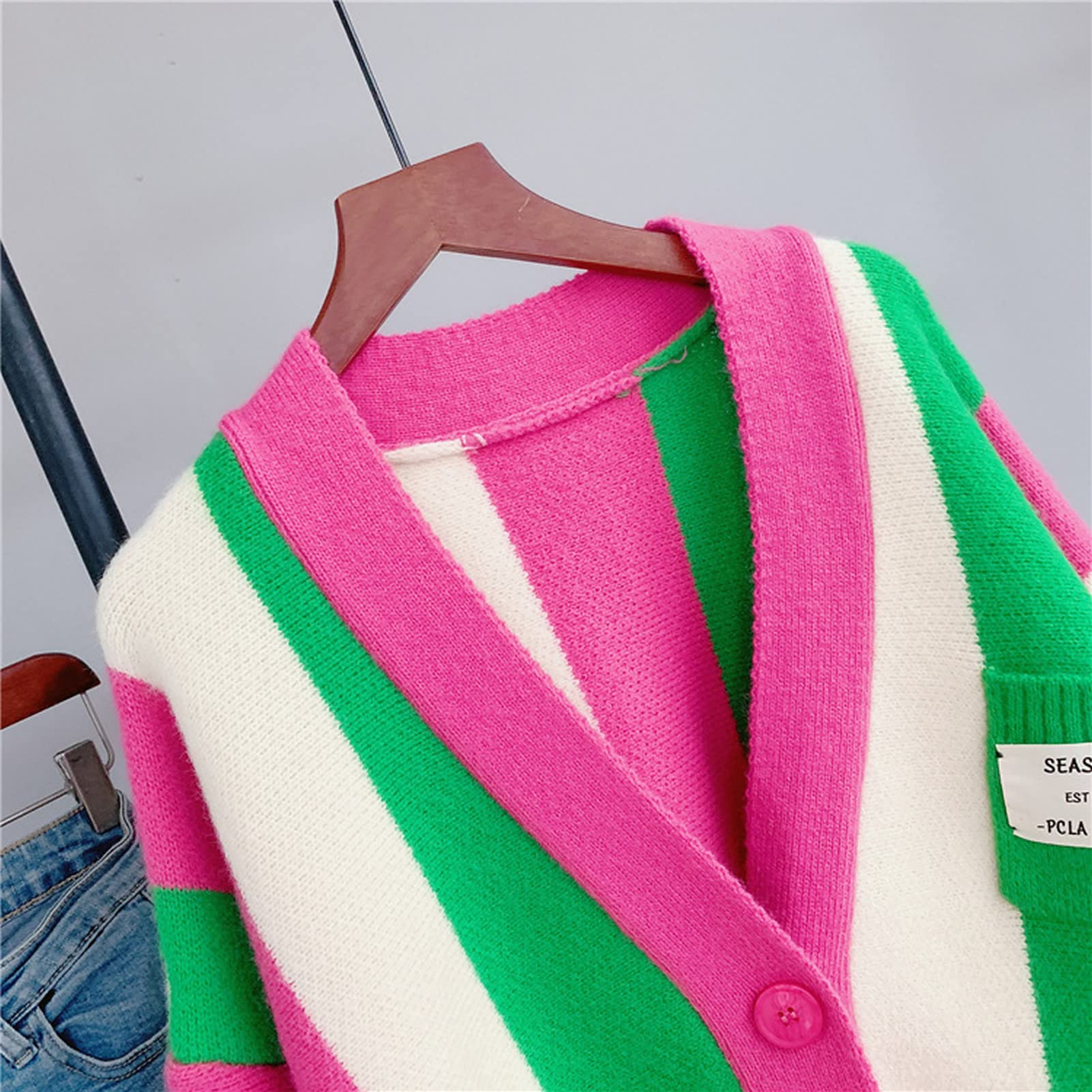 Women's Long Sleeve Cable Knit Color Block Boho Striped Sweater Cardigan - Cozy Fall Winter Pullover for Casual Outfits, Office Wear & Coffee Dates