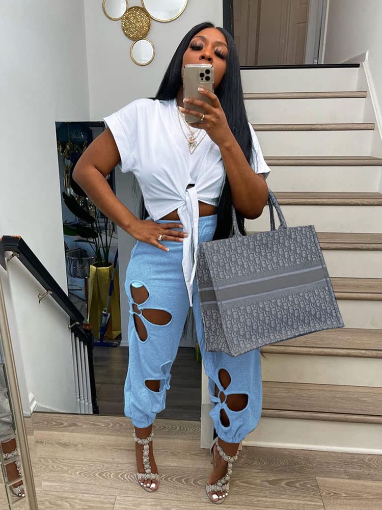 Women's 2-Piece Outfit Set - Casual Crop Top & Hollowed Out Sweatpants | Fashion Tracksuit for Women | Perfect for Gym, Lounge & Streetwear