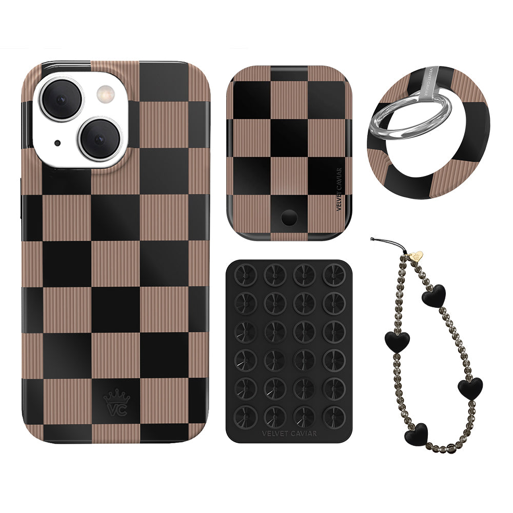 Mocha Vibe Checkered iPhone Case with Grip - Trendy Protective Phone Cover for iPhone 13/14/15 Pro Max | Perfect for Everyday Use, Travel & Work