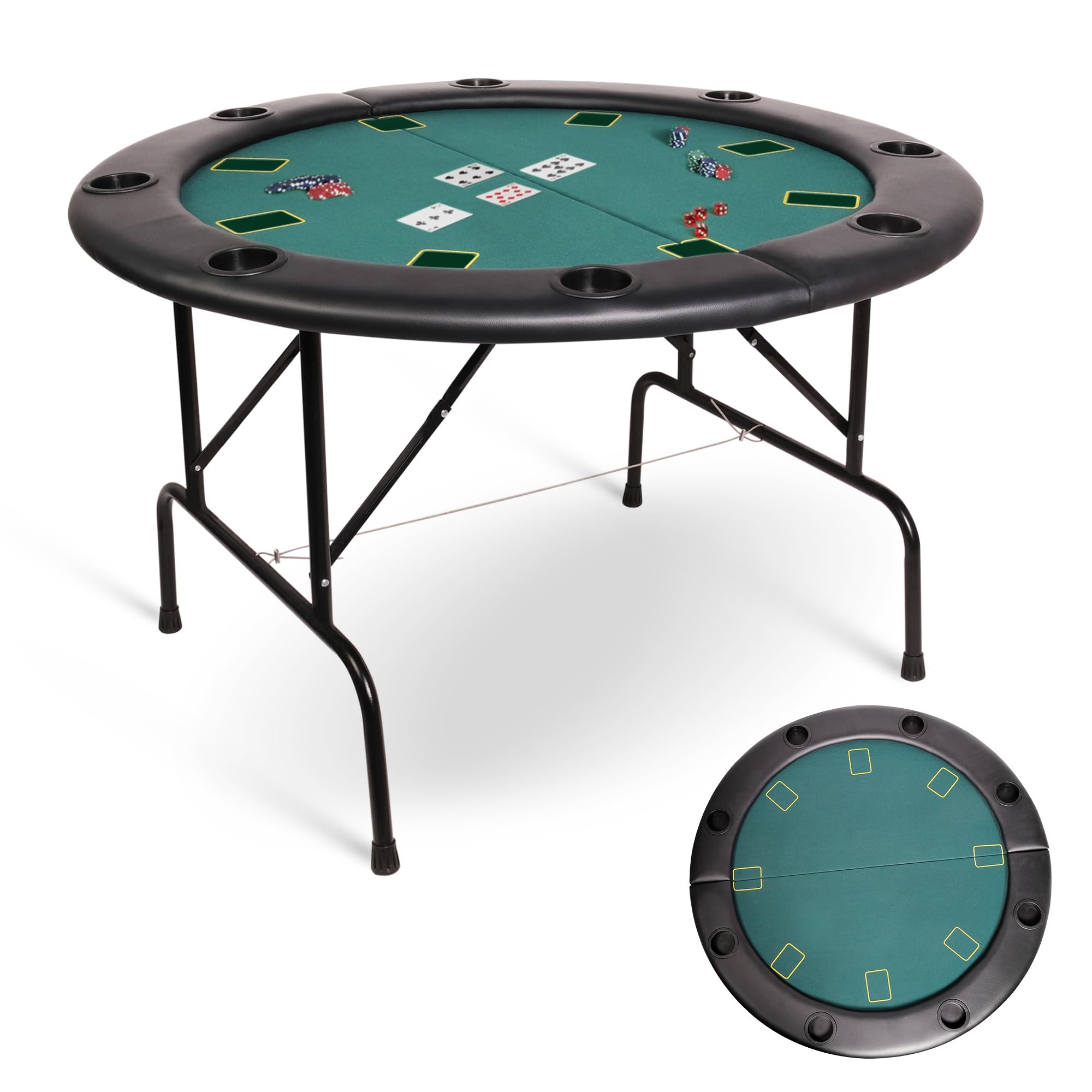 8 Player Round Foldable Poker Table - Portable Texas Hold'em & Blackjack Game Table with 8 Cup Holders, Padded Rails - Casino Style Folding Card Table for Home Games & Parties (Green) | Perfect for Poker Nights, Casino Themed Events & Family Game Gatherings
