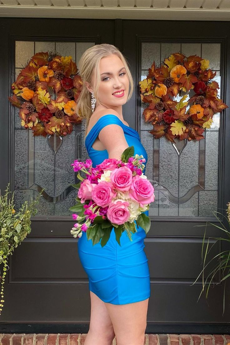 Elegant Off Shoulder Blue Bodycon Satin Prom Dress for Homecoming - Perfect for Parties, Dances & Special Occasions