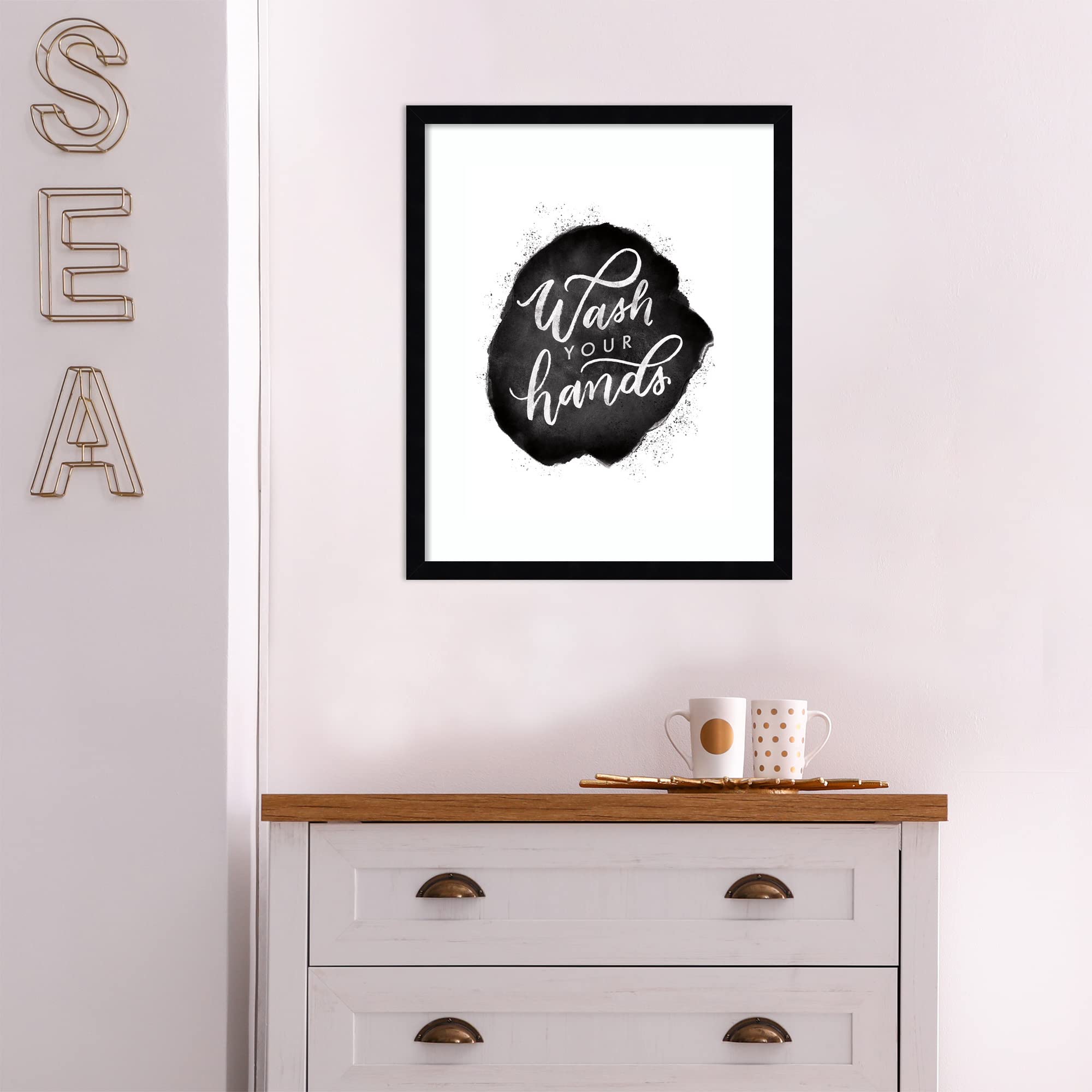 Amanti Art Framed Wall Art Print 21x17 - 'Wash Your Hands' by Becky Thorns | Modern Contemporary Bathroom Wall Decor | Small Poster Painting for Living Room, Bedroom, Kitchen & Office | Perfect for Home, Spa & Salon Decor