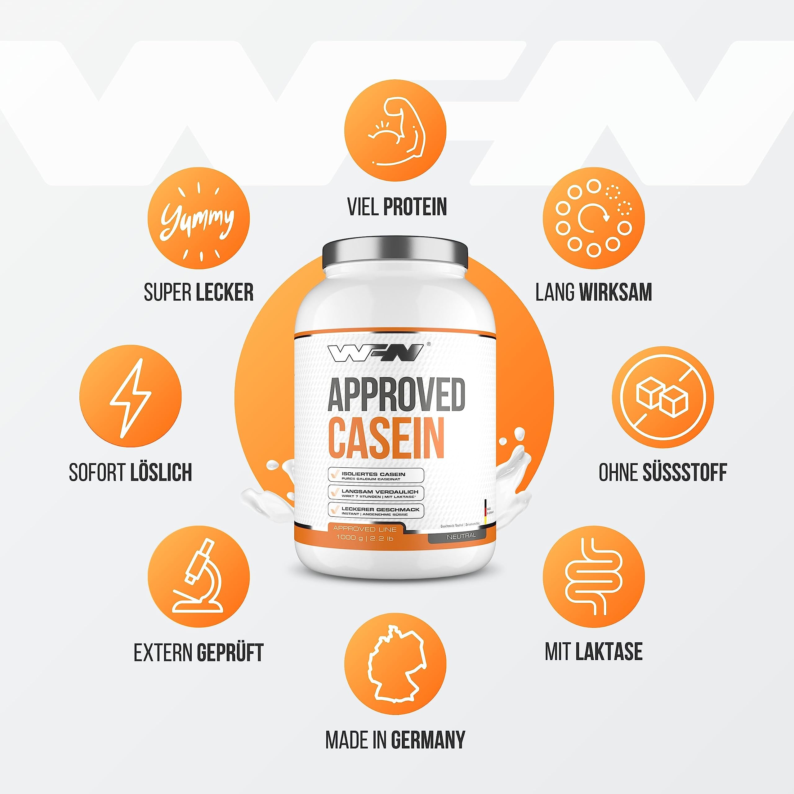WFN Approved Casein Protein Powder - Neutral Flavor, No Sweeteners - 1kg (33 Servings) - Highly Soluble for Creamy Shakes - Lab Tested & Made in Germany | Perfect for Post-Workout Recovery & Nighttime Protein Supplement