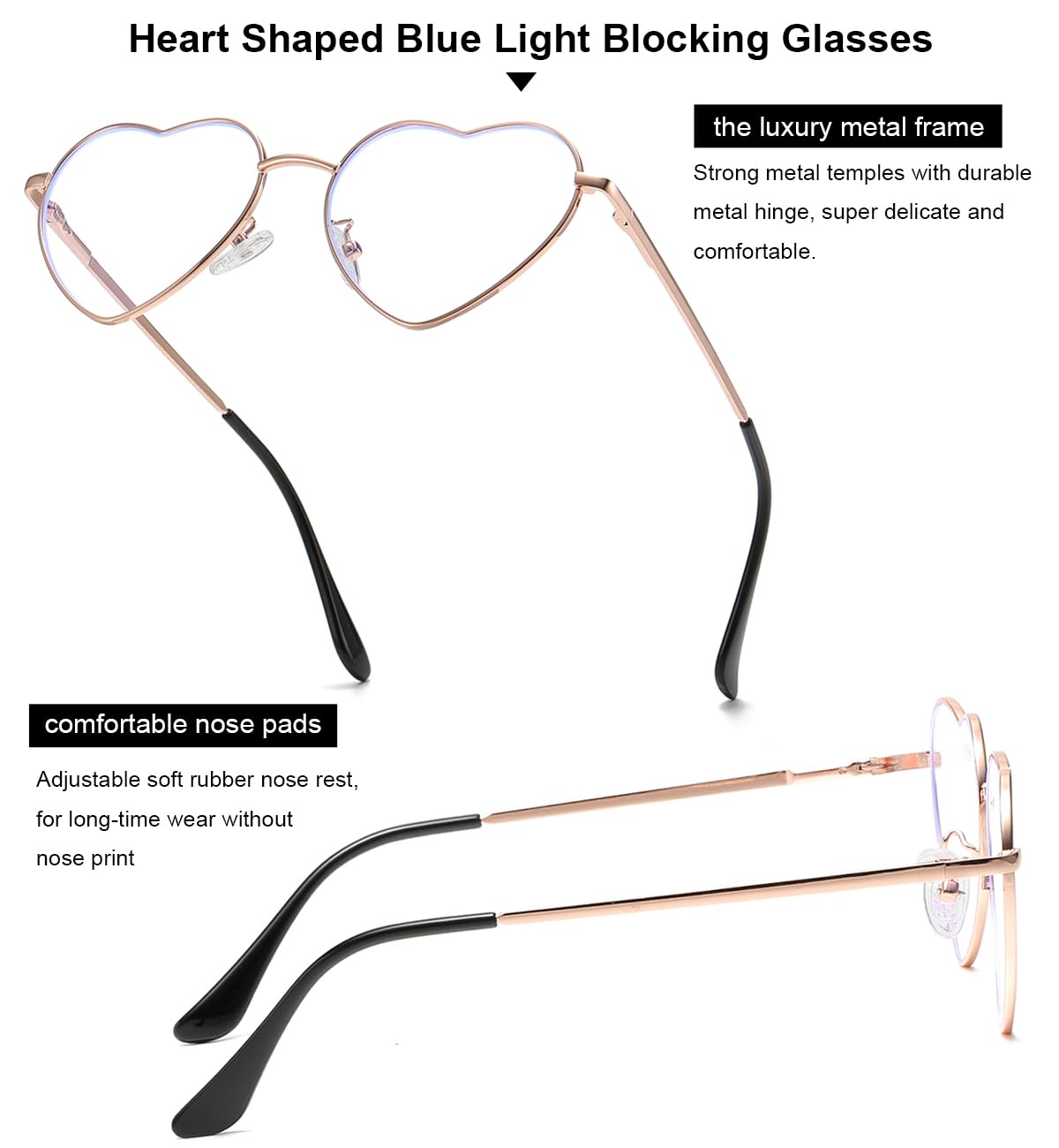 Gleyemor Heart Shaped Blue Light Blocking Glasses for Women - Anti Eyestrain Computer Glasses for Work, Gaming & Screen Time