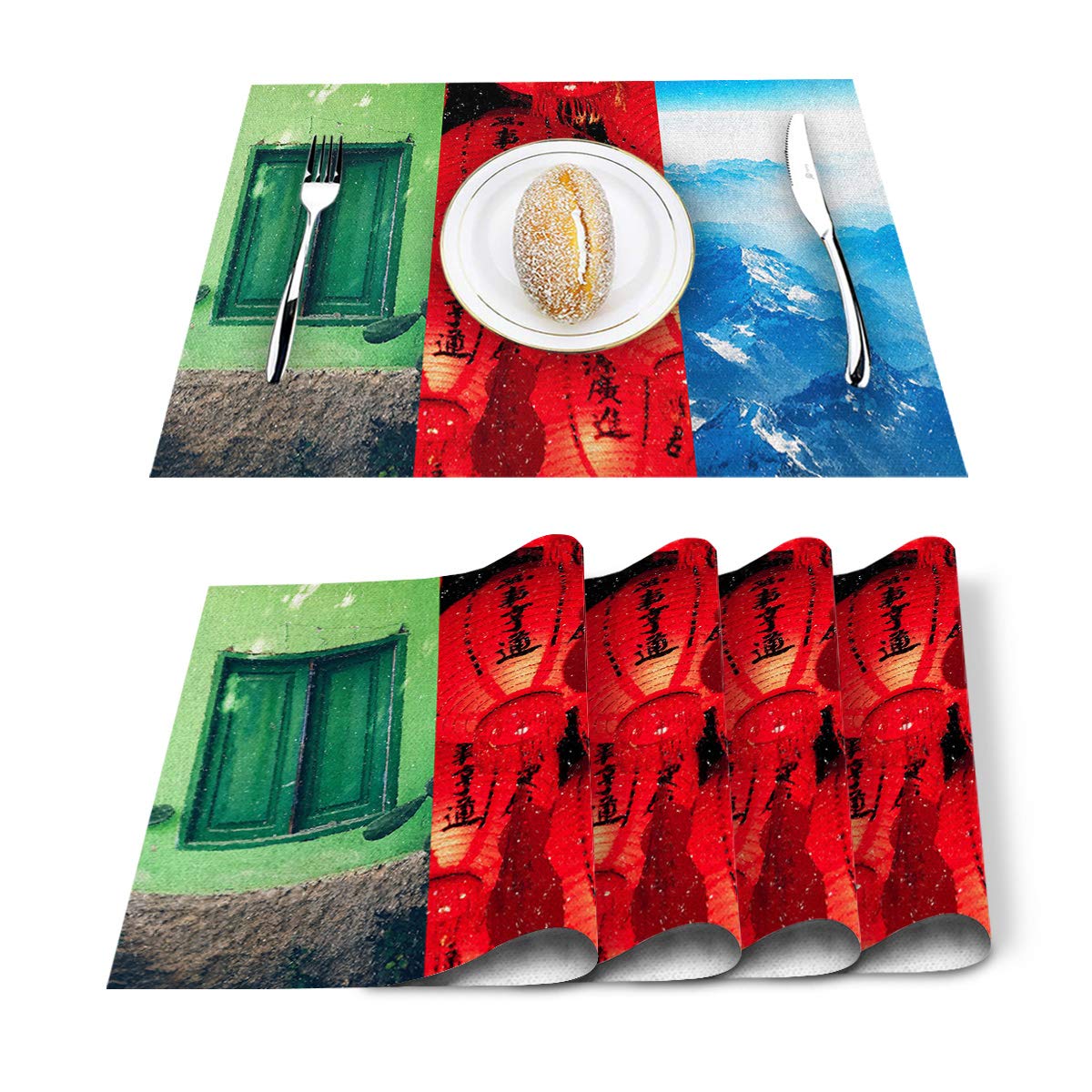 Vibrant Cotton Linen Table Placemats Set of 4 - Heat Resistant & Non-Slip Dining Mats for Holiday Banquets, Kitchen Decor, and Everyday Use (Bee Lantern Snow Mountain Green Window Oil Painting Design) - Perfect for Dinner Parties, Family Gatherings, and Home Styling