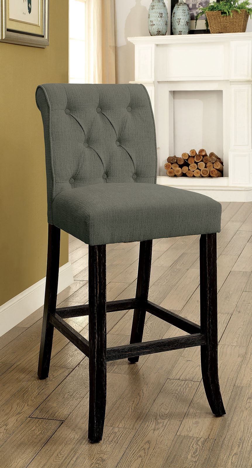 Rustic Dining Room Furniture Set of 2 Counter Height Chairs - Grey Chenille Upholstered Tufted Kitchen & Breakfast Stools for Bar Counter or Island Use
