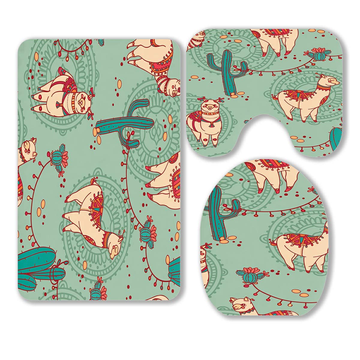 Boho Style Alpaca & Cactus 3-Piece Bathroom Rug Set - Non-Slip Contour Mat & Toilet Lid Cover - Soft Absorbent Microfiber for Bathroom Decor & Cozy Home