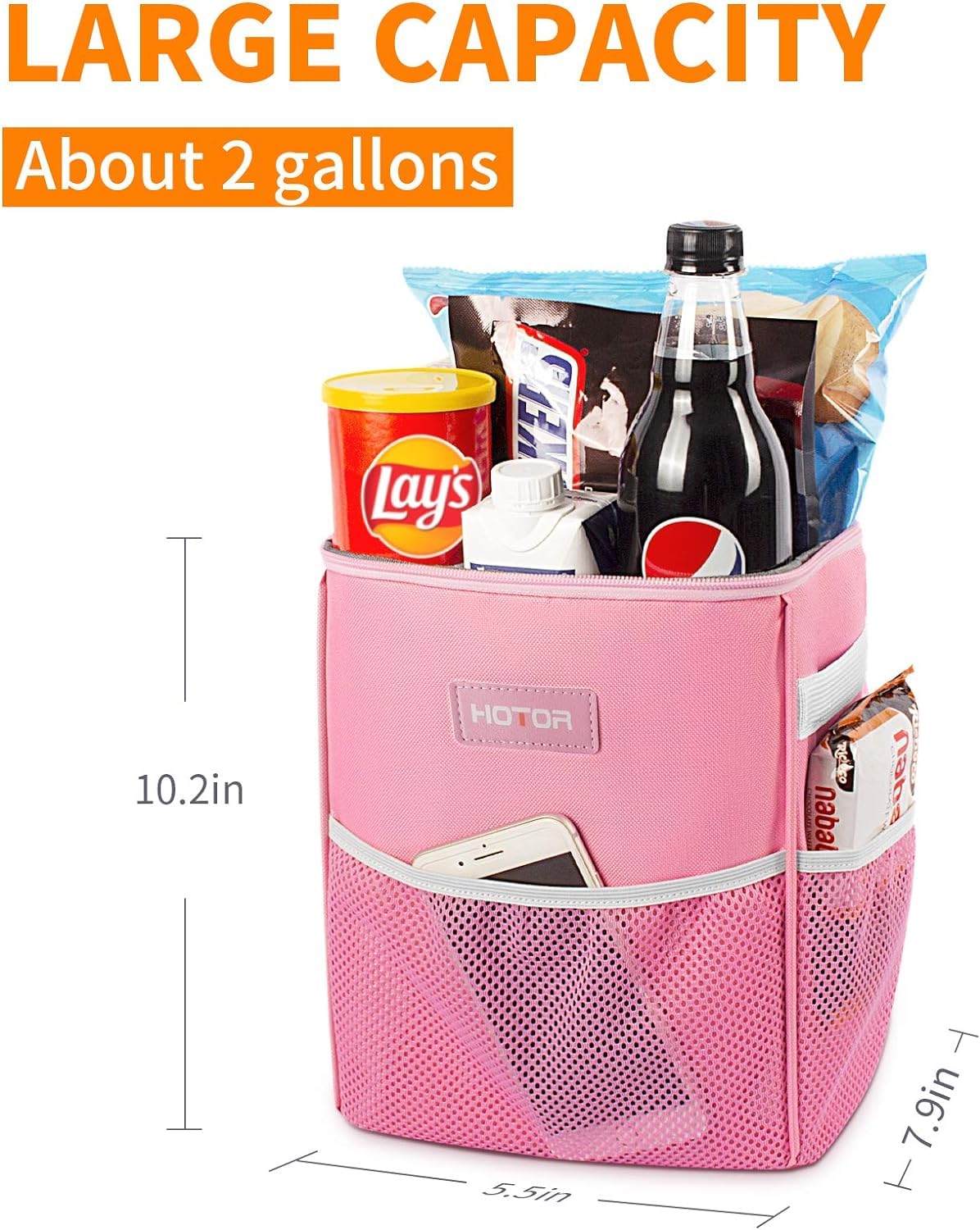 HOTOR 2 Gallon Car Trash Can with Lid - Leak-Proof Waterproof Garbage Bin with Storage Pockets | Multi-Purpose Vehicle Organizer for Road Trips, Commuting & Family Travel (Pink)