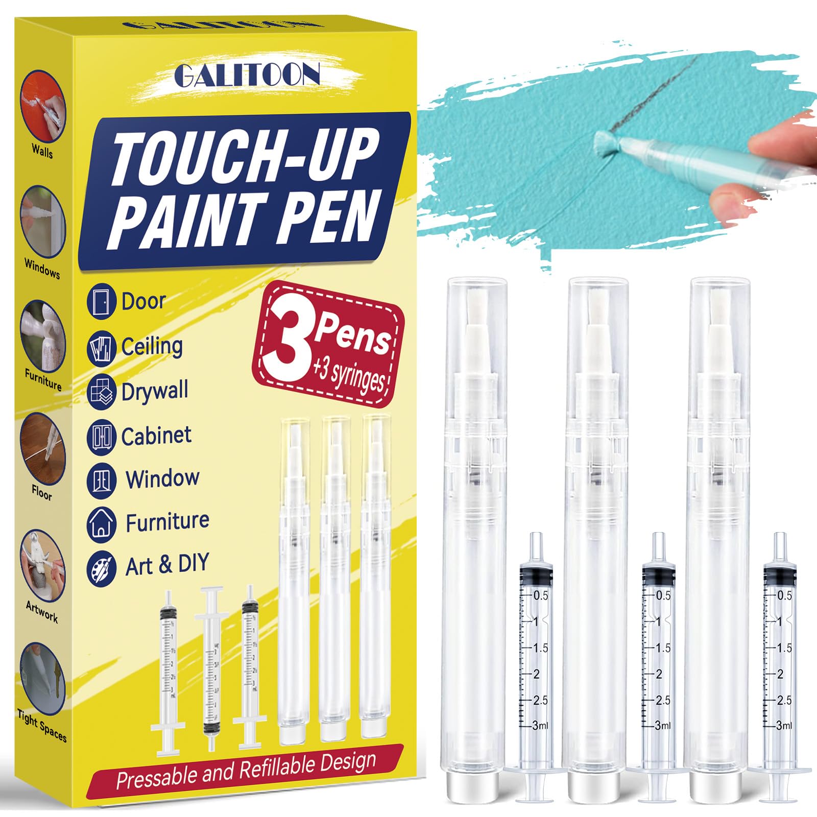 Touch Up Paint Pen Set of 3 - Refillable & Pressable Paint Markers for Walls, Furniture, Wood Floors, Windows & Cabinets - Perfect for Home DIY Repairs, Small Scratch Fixes and Surface Restoration Projects