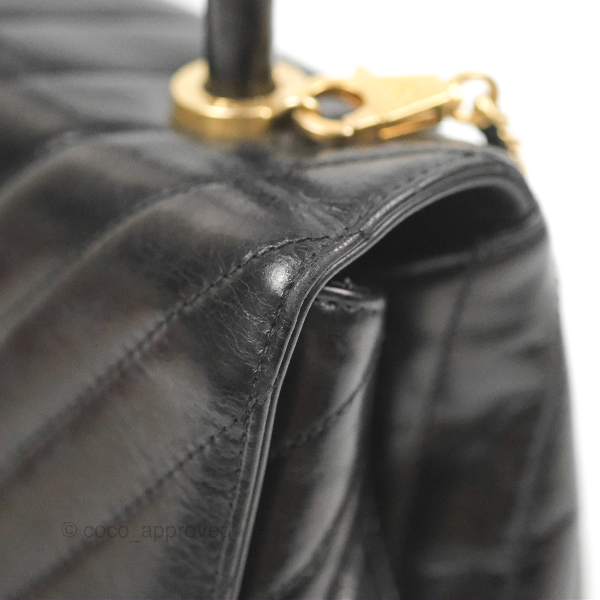 Chanel Chevron Small Coco Handle Bag - Black Shiny Aged Calfskin with Aged Gold Hardware | Luxury Crossbody Purse for Women, Perfect for Evening Parties & Date Nights