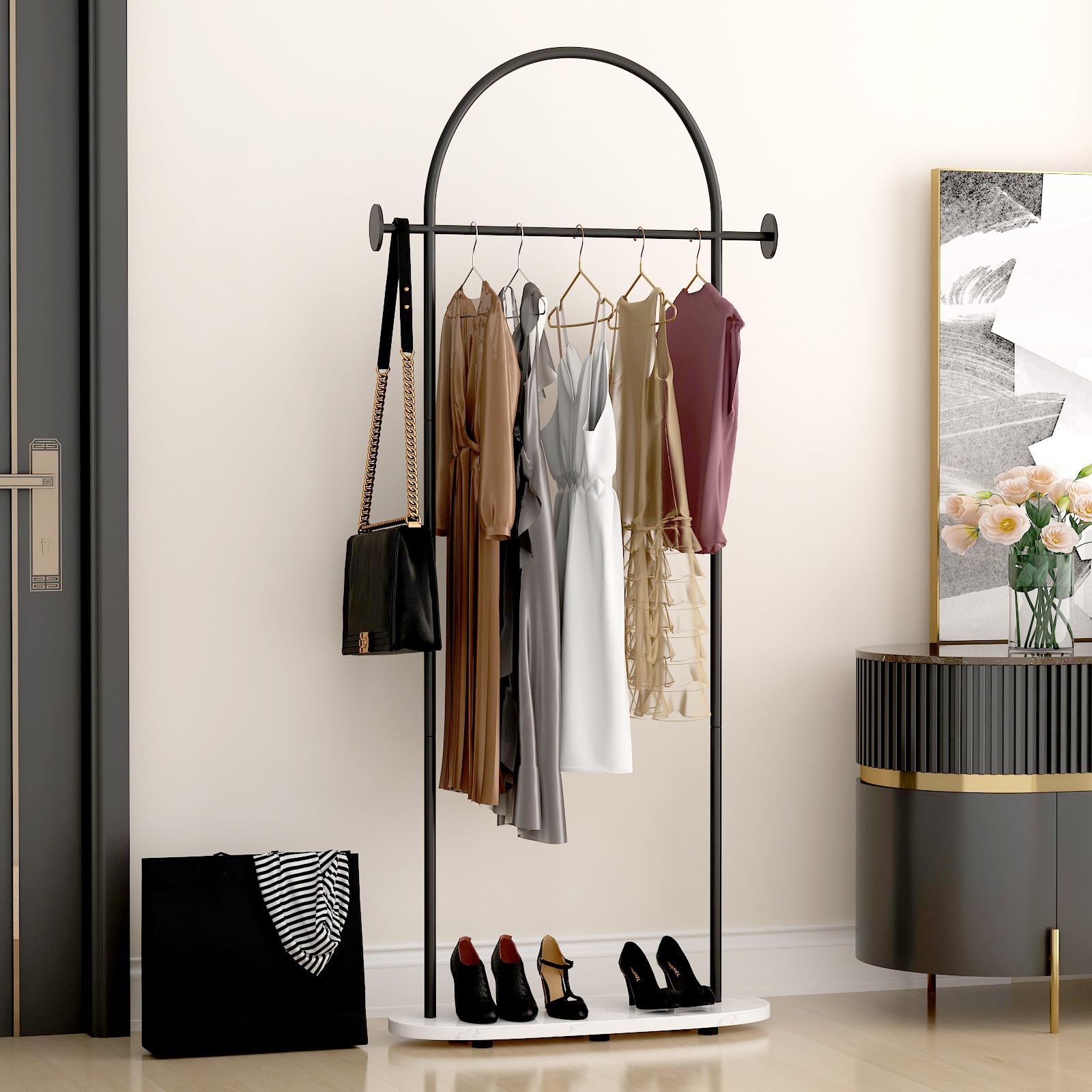 Black Heavy Duty Freestanding Metal Clothing Rack with Shelf & Hooks - Modern Coat Hanger Stand for Boutique, Office & Home Organization | Perfect for Retail Stores, Walk-in Closets & Garment Displays