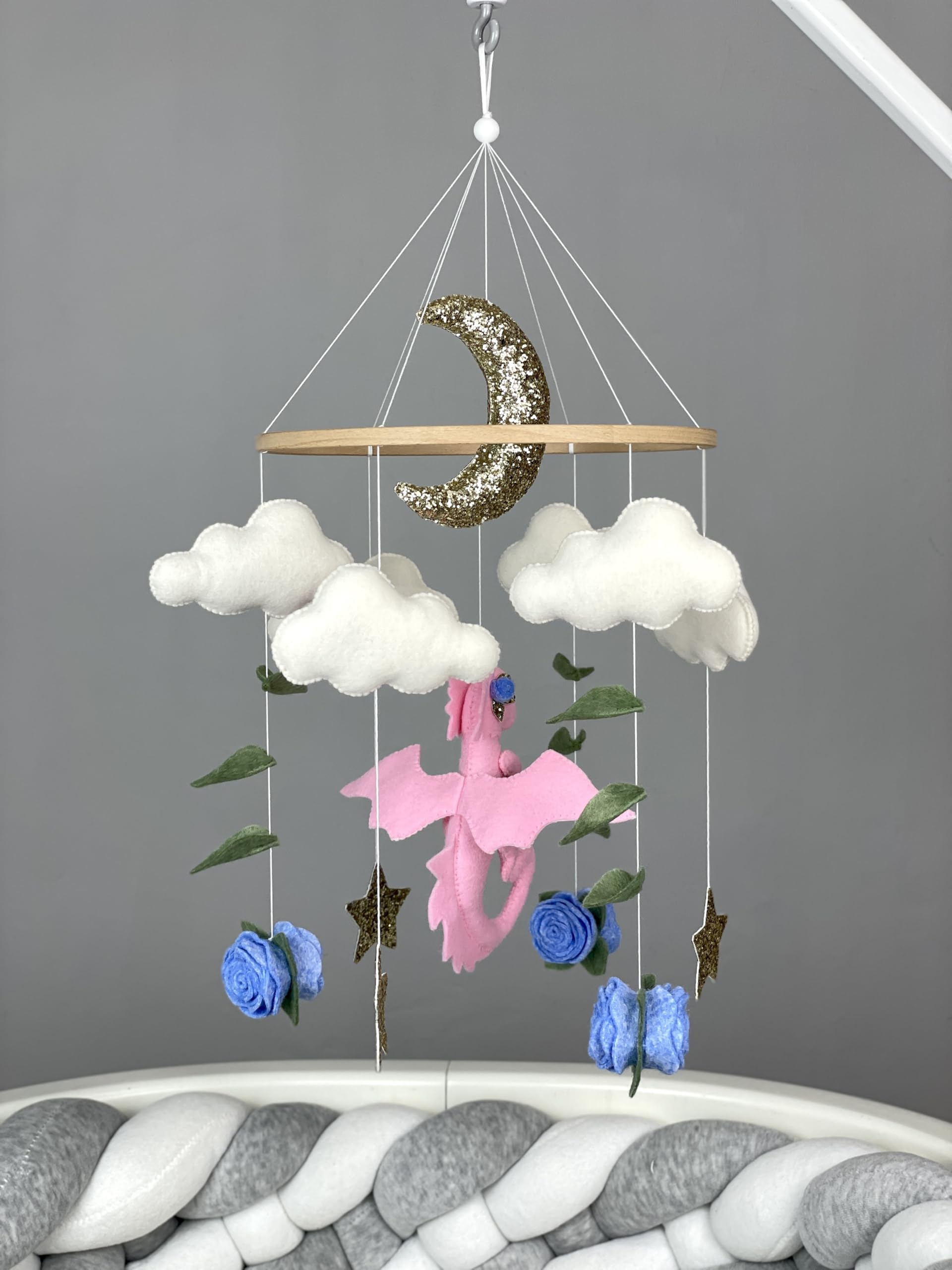 Pink Dragon Baby Crib Mobile - Fantasy Nursery Decor, Felt Dragon & Flower Mobile for Baby Girls - Perfect for Baby Showers & Newborn Gifts | Nursery Decor, Baby Room Theme, Infant Visual Stimulation
