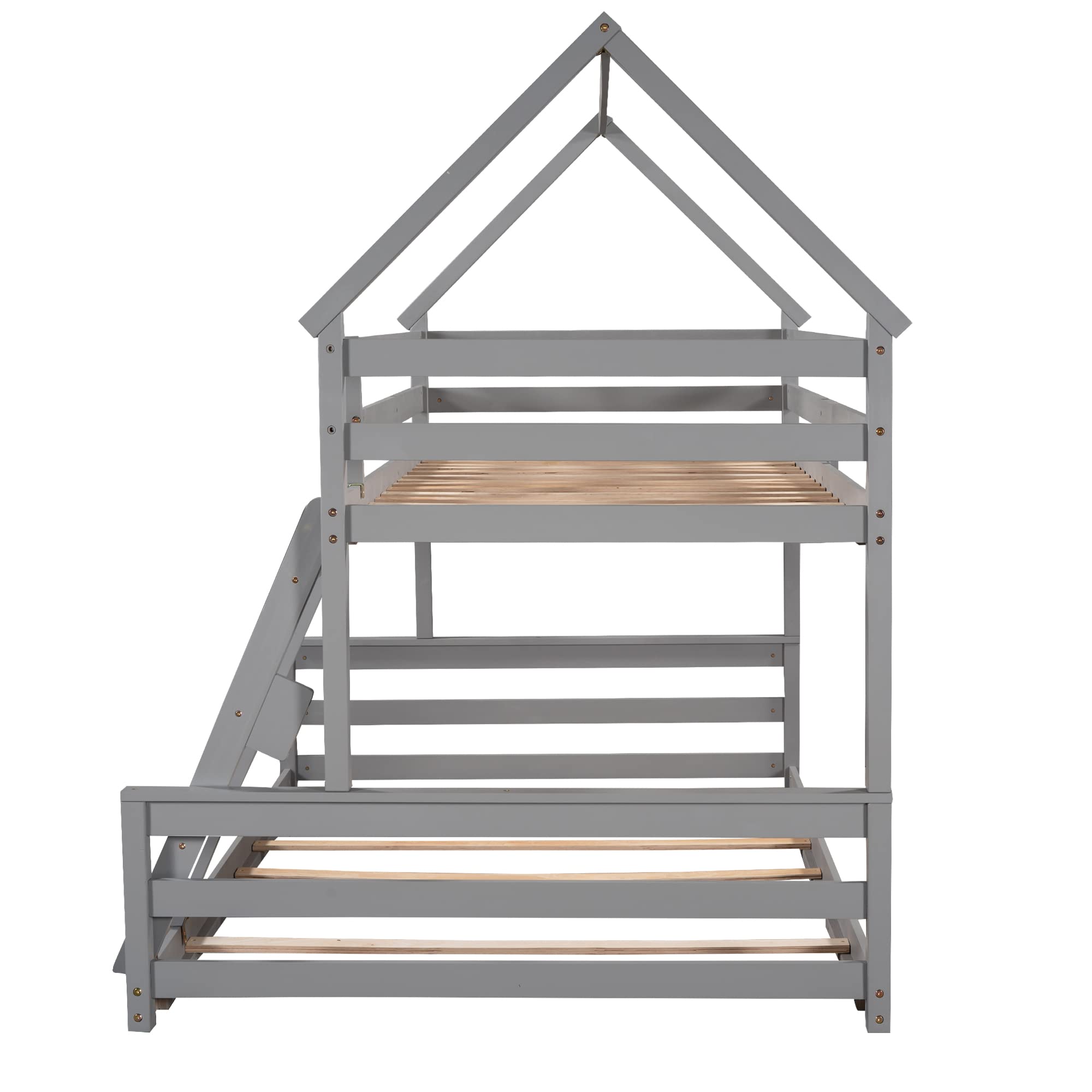 Low Bunk Bed Twin Over Full - Sturdy Wooden House Bunk Bed Frame with Ladder & Safety Guardrail - Space-Saving Loft Bed for Kids, Teens, Students & Guest Rooms - No Box Spring Needed - Gray - Perfect for Small Bedrooms, Dormitories & Vacation Homes