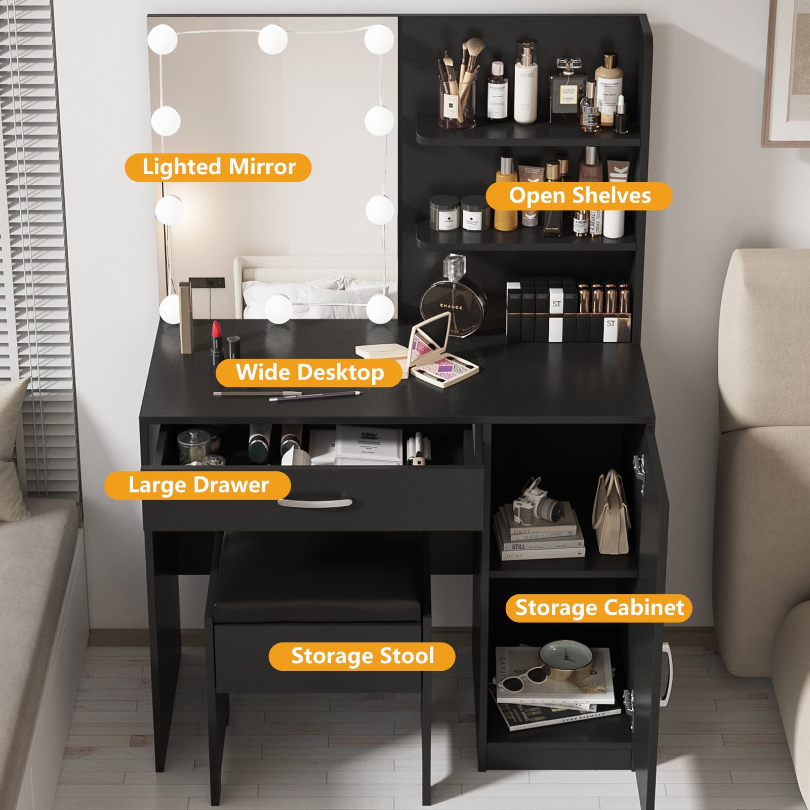 Lighted Makeup Vanity Desk with Mirror, Storage Drawers & Cabinet - Dressing Table for Bedroom & Bathroom (Black) | Perfect for Beauty Routine, Makeup Organization & Small Space Decor