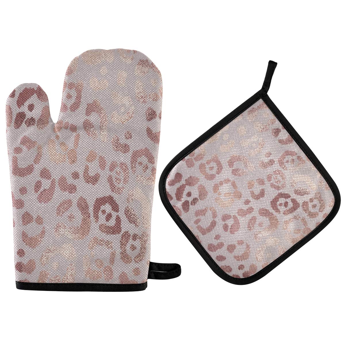 ASLSIY Rose Gold Leopard Print Oven Mitts & Pot Holders Set - Heat Resistant Kitchen Gloves for Baking, BBQ, Grilling - Perfect for Cooking, Baking, and Outdoor Barbecues