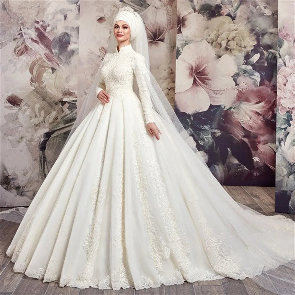 Elegant Muslim A-Line Long Sleeve High Neck Tulle Lace Beaded Wedding Gown - Perfect for Islamic Nikah Ceremony, Modest Bridal Wear & Formal Occasions