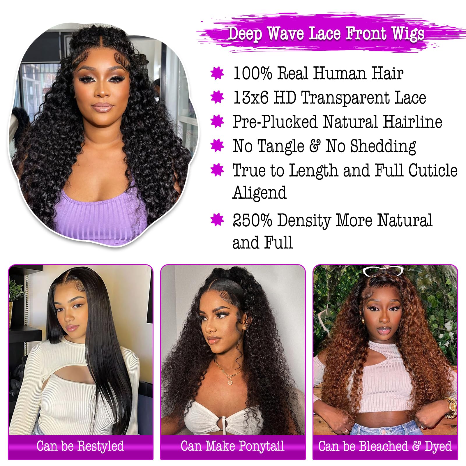30 Inch 250 Density HD Lace Front Wigs Human Hair 13X6 Deep Wave Lace Front Wigs - Pre Plucked Natural Black Curly Human Hair Wig for Women | Perfect for Daily Wear, Cosplay, and Special Occasions