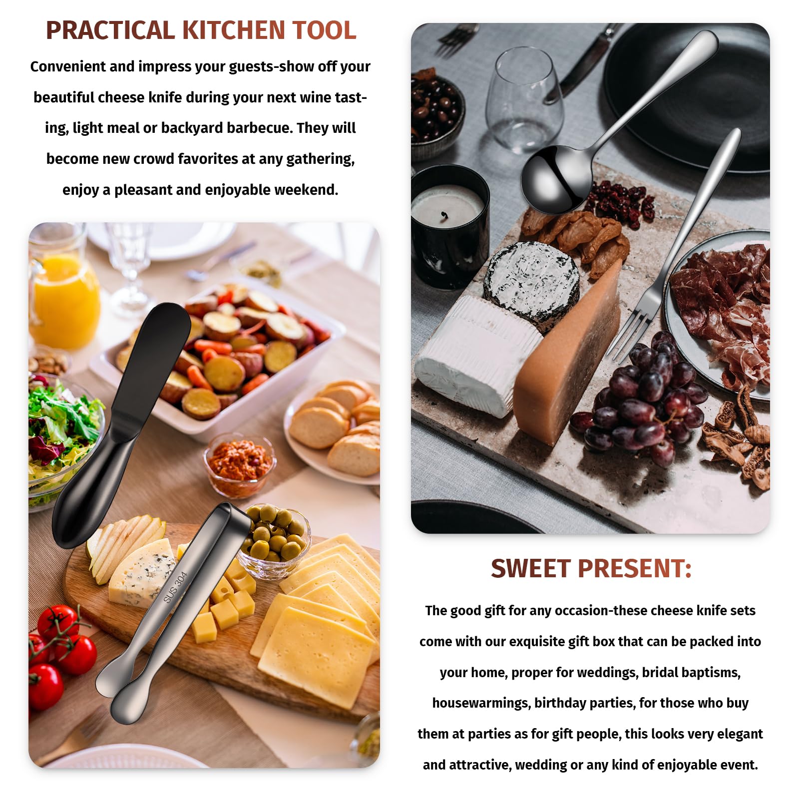 14-Piece Stainless Steel Charcuterie Board Set - Cheese Knives, Spreaders, Mini Tongs, Spoons & Forks for Cheese, Charcuterie & Pastry Serving - Perfect for Dinner Parties, Wine Nights & Gourmet Platters (Black)