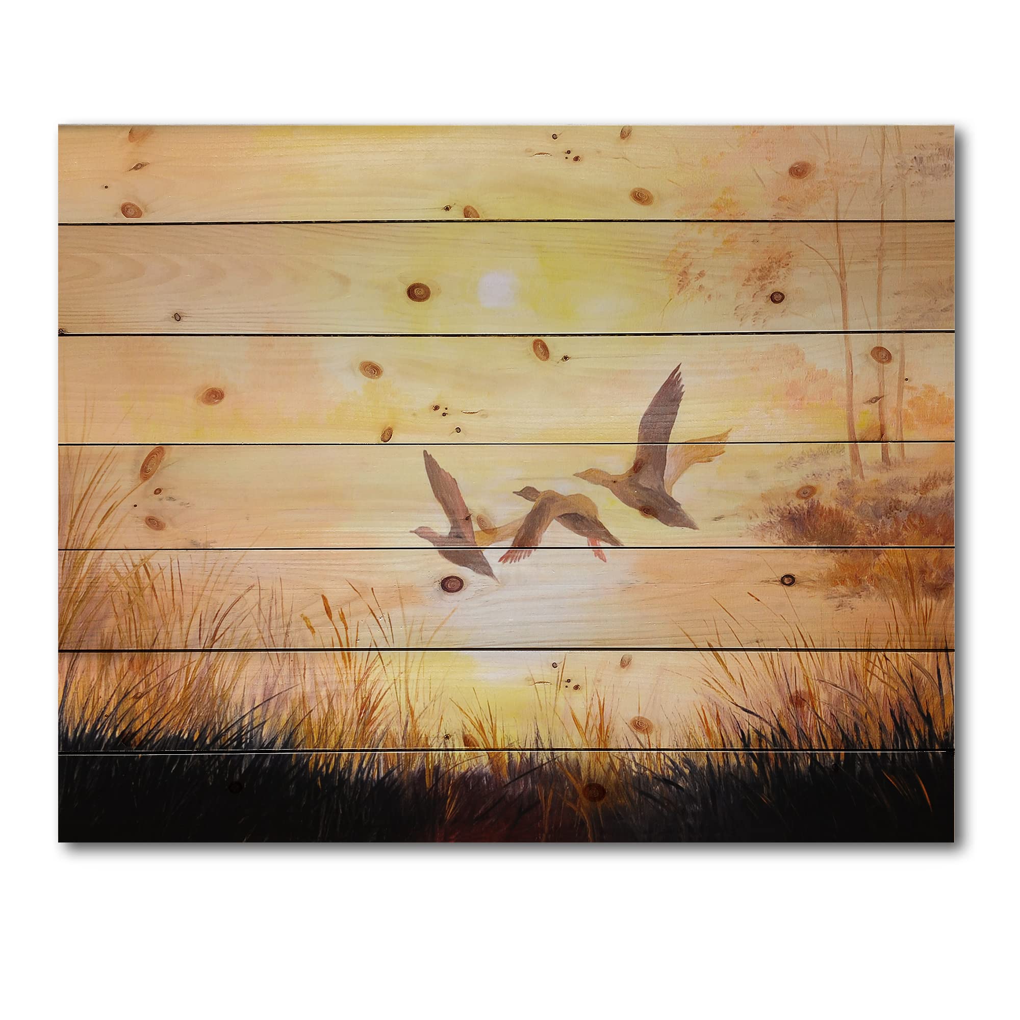 DesignQ Traditional Three Cranes Flying Through Sunset Wood Wall Art - Yellow Large Animal Wall Decor Panel Printed on Natural Pine Wood - Perfect for Living Room, Bedroom & Office Decor