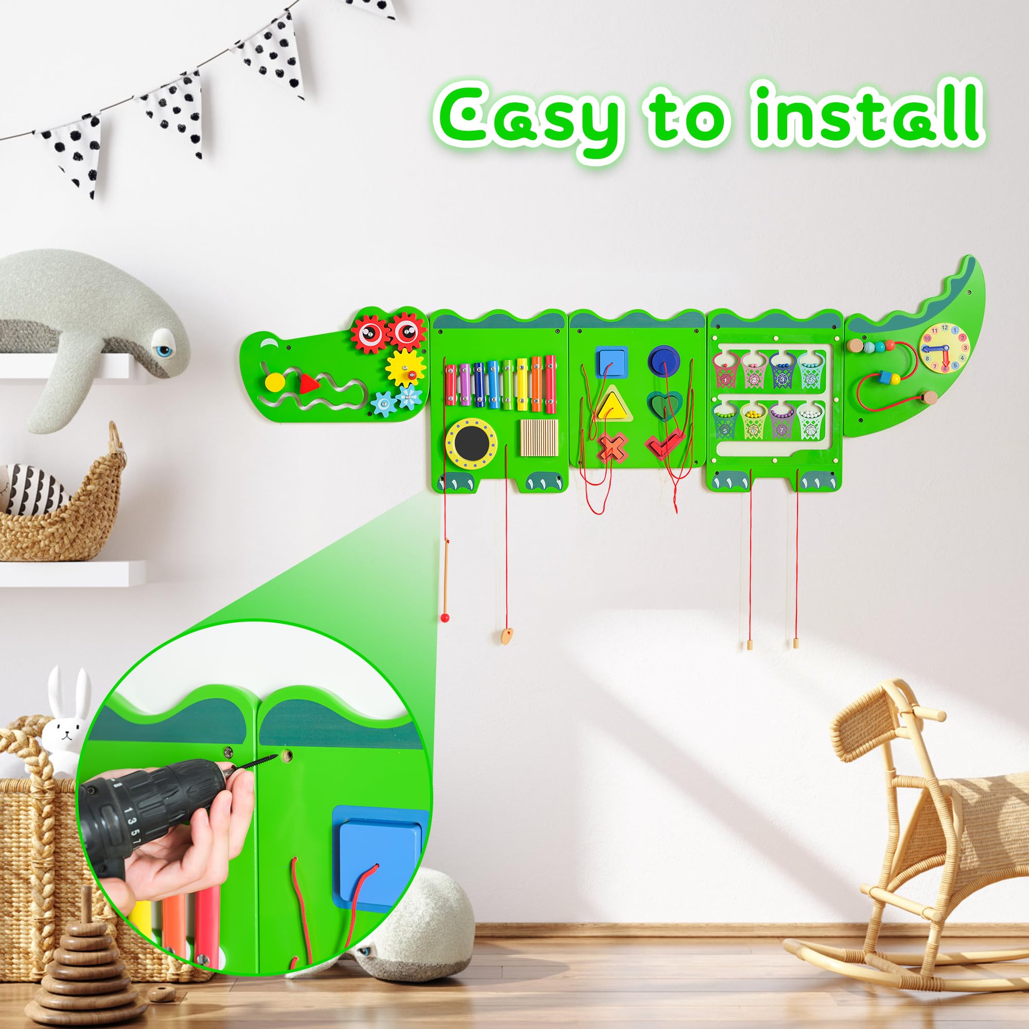 **Crocodile Sensory Toys Activity Wall Panels - Montessori Busy Board for Toddlers 18+ Months, Wooden Learning & Interactive Toys for Fine Motor Skills - Sensory Wall & Activity Cube for Daycare, Preschool, Home Play (Green)**