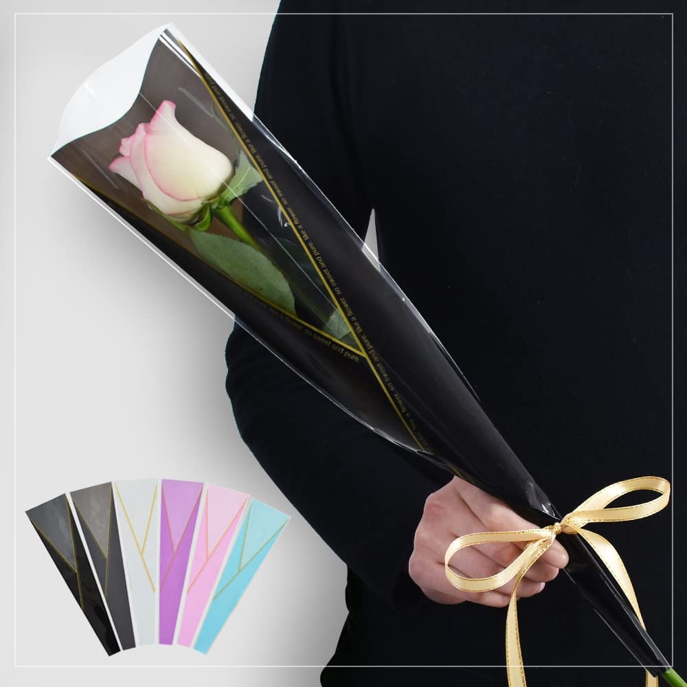 BEISHIDA 100 PCS Plastic Flower Sleeves for Single Roses - Black and Gold Letter Cellophane Wrapping for Florist Bouquets, Valentine's Day, Mother's Day Gifts - Perfect for Wedding, Anniversary and Romantic Occasions
