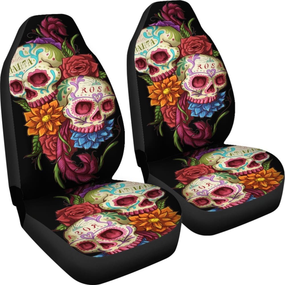 2 Pcs Day of The Dead Sugar Skull Car Seat Covers - Mexican Style Skull Print Universal Fit for Cars, Trucks & SUVs - Perfect for Halloween, Dia de Los Muertos & Gothic Decor