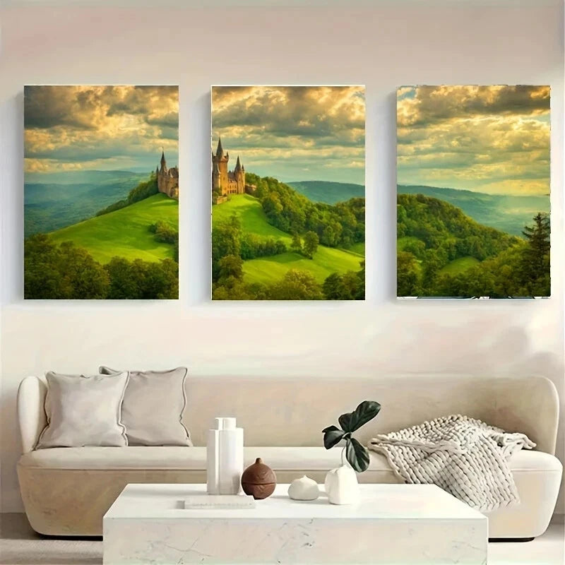 3-Piece White Wolf Metal Print Art - Castle on Hill Wall Decor - Ready to Hang for Living Room, Bedroom & Office