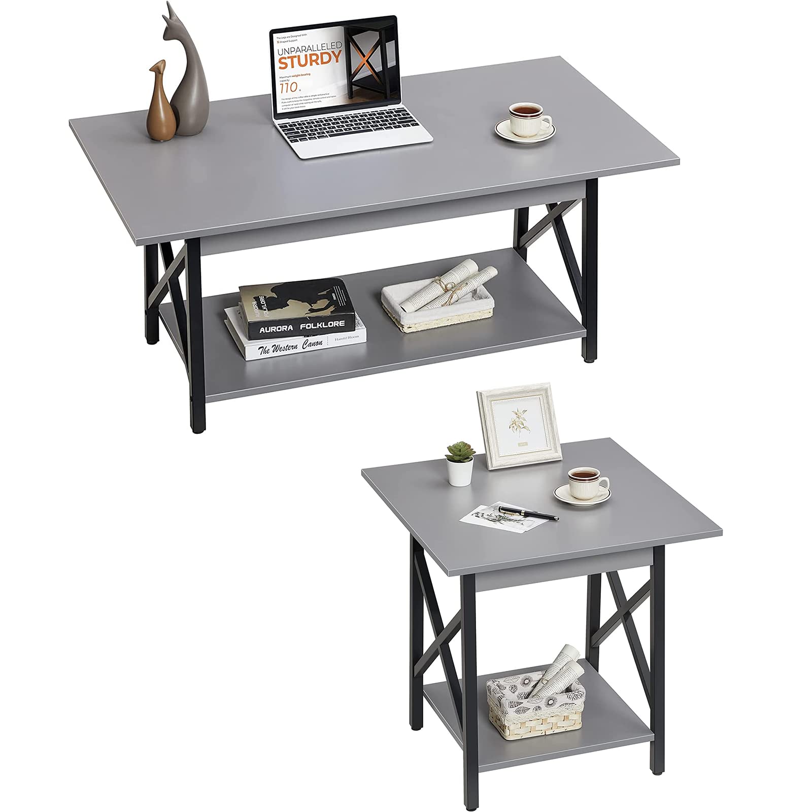 GreenForest 24-inch Farmhouse Coffee Table with Storage Shelf - Rustic Industrial Design End Table for Living Room, Easy Assembly, Grey | Perfect for Small Spaces, Home Decor & Cozy Gatherings