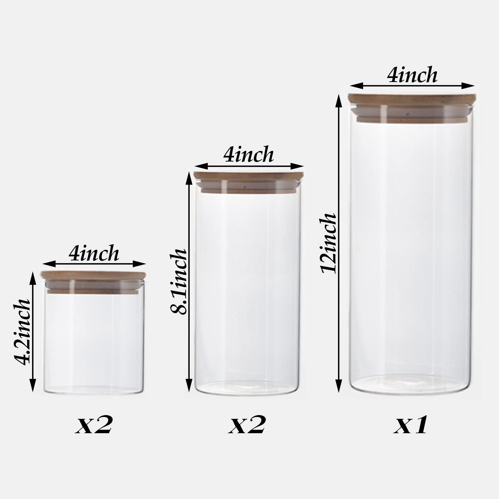 5-Piece Airtight Glass Food Storage Containers with Bamboo Lids - Stackable Kitchen Canisters for Sugar, Candy, Cookies, Flour, Nuts, Rice, Pasta & Spices | Perfect for Pantry Organization, Meal Prep & Bulk Food Storage