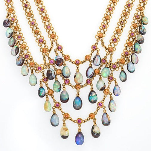 Natural Boulder Opal & Multi-Color Garnet Sterling Silver Necklace - Elegant Handmade Jewelry for Women, Perfect Gift for Birthday, Anniversary & Special Occasions