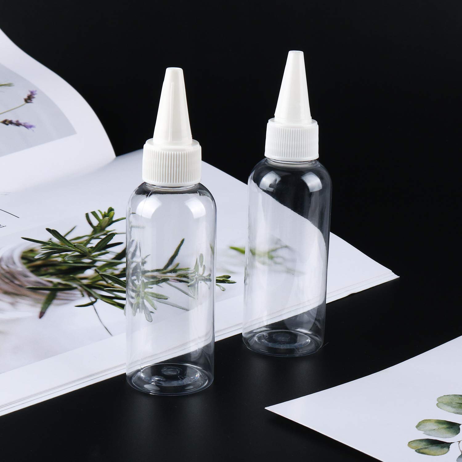 Trendbox 2oz Clear Plastic Bottles with Twist Top Cap - BPA-Free Hair Oil & Liquid Containers - 24 Pack with Labels - Perfect for DIY Hair Care, Essential Oils & Travel Toiletries