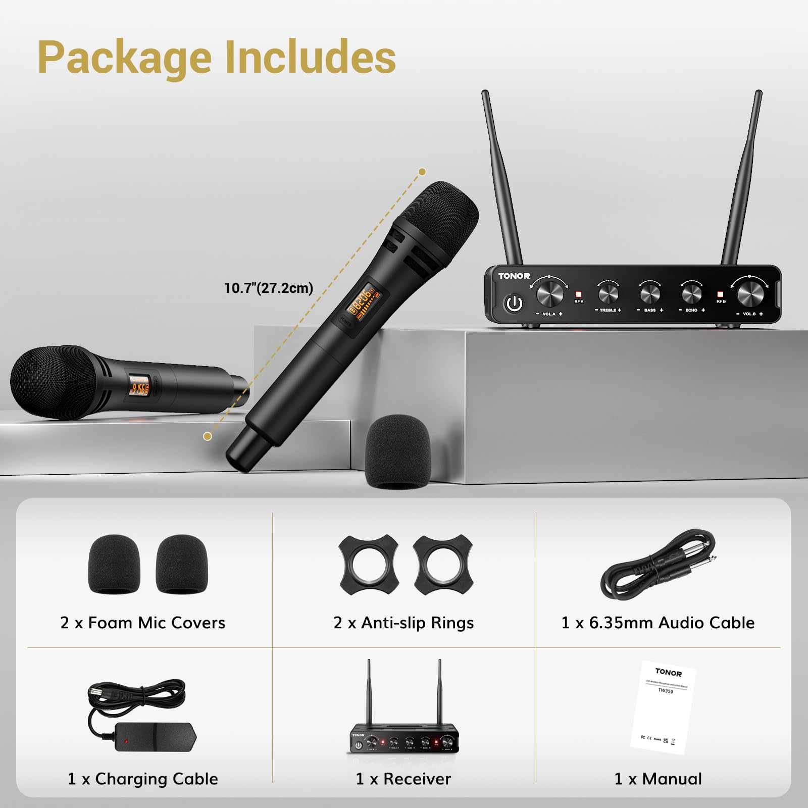 TONOR UHF Wireless Microphone System - Cordless Karaoke Microphone Kit with Receiver, Dynamic Handheld Mic for Singing, Church, Events | 200ft Range, Adjustable Frequencies | Perfect for Home Karaoke, Worship Services & Live Performances (TW350, Black)