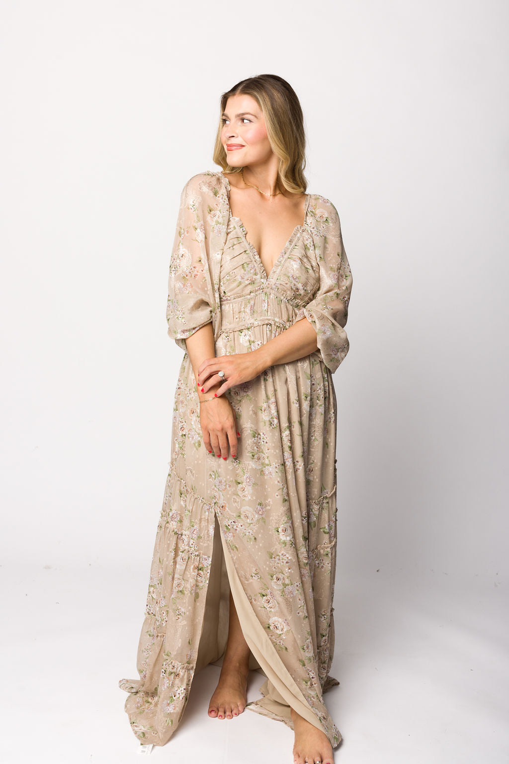 Stylish Daphne Long Sleeve Maxi Dress in Beige Multi Floral Print - Bump Friendly Maternity & Inclusive Sizing (XS to 3XL) - Perfect for Casual Outings, Baby Showers & Special Occasions