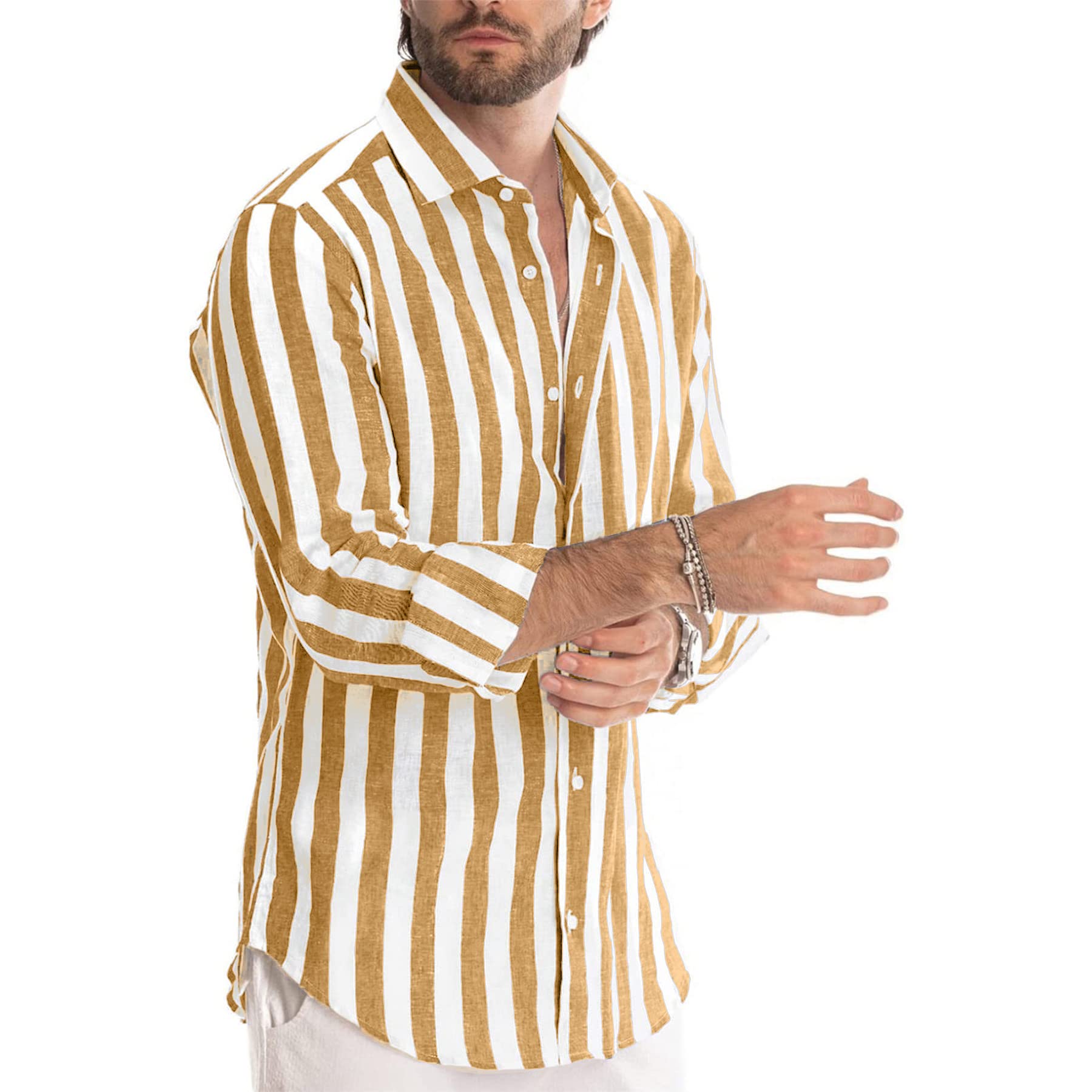 Men's Striped Cotton Button Down Shirt - Long Sleeve Casual Henley Dress Shirt for Beach, Office & Everyday Wear | Breathable & Comfortable Fashion Top