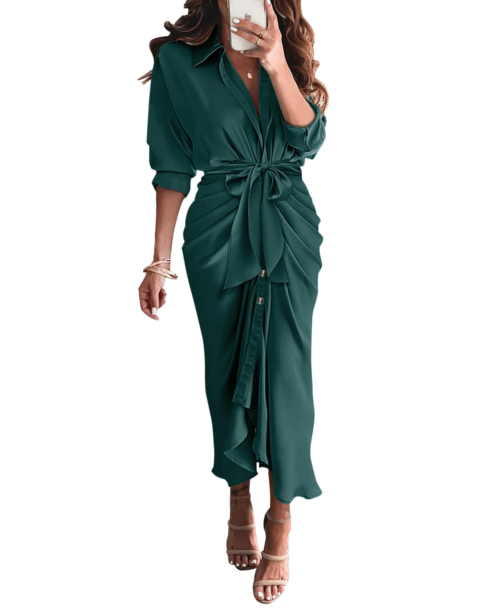 BTFBM Women's Long Sleeve Satin Dress - Elegant V Neck Button Down Maxi Dress with Belt & Ruched Detail for Spring Summer 2025 | Perfect for Weddings, Parties & Office Wear